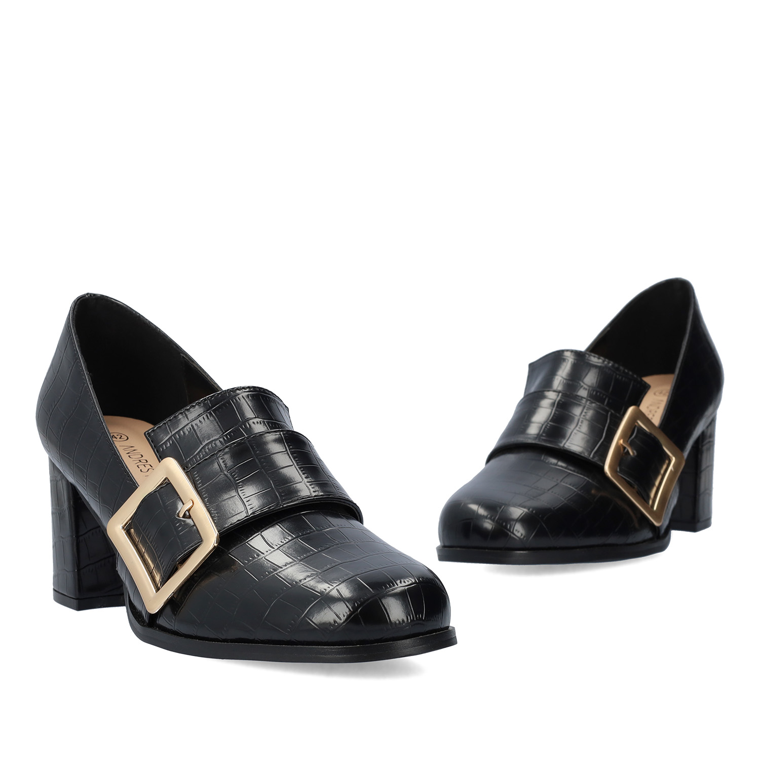 Moccasins in black faux croc leather and buckle detail 