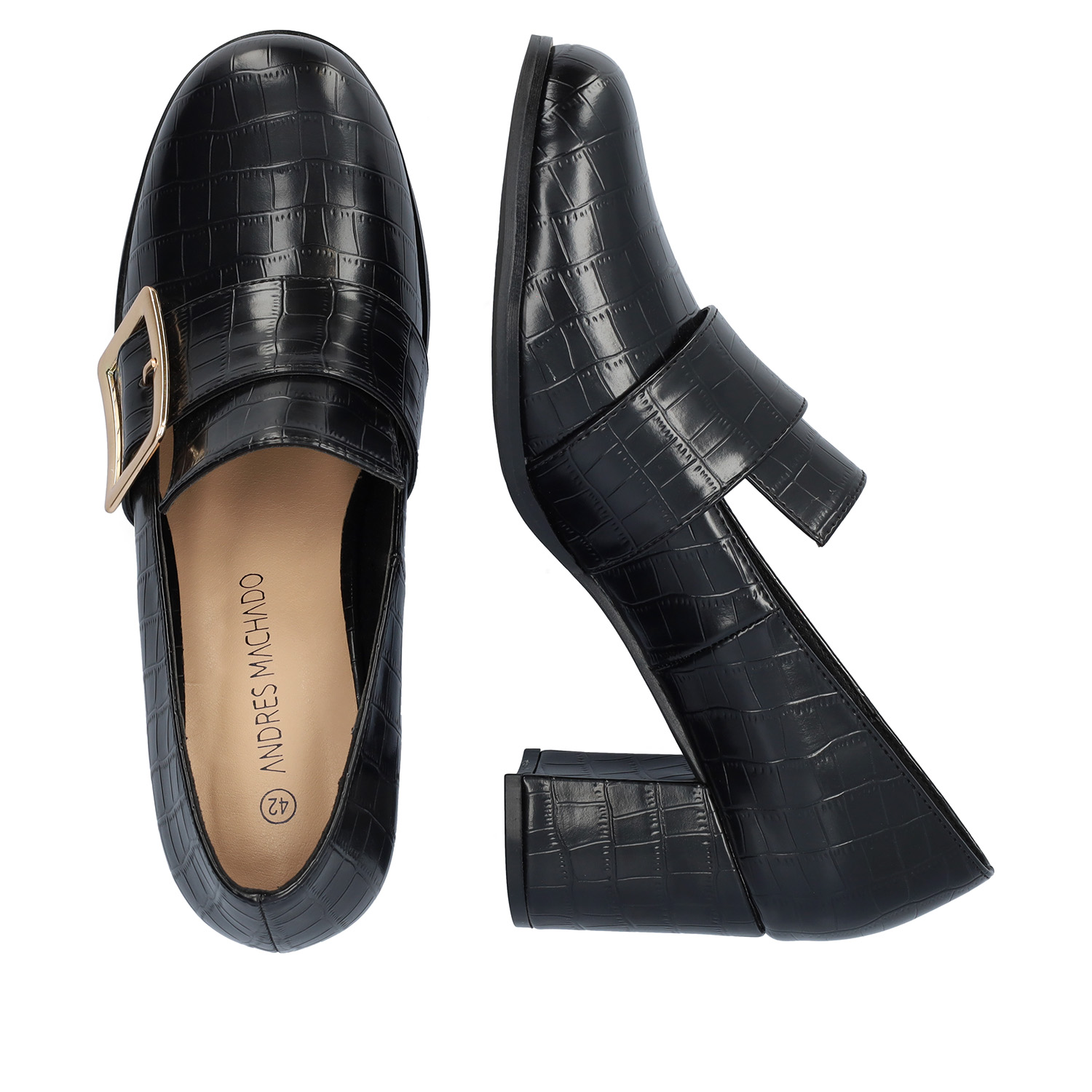 Moccasins in black faux croc leather and buckle detail 