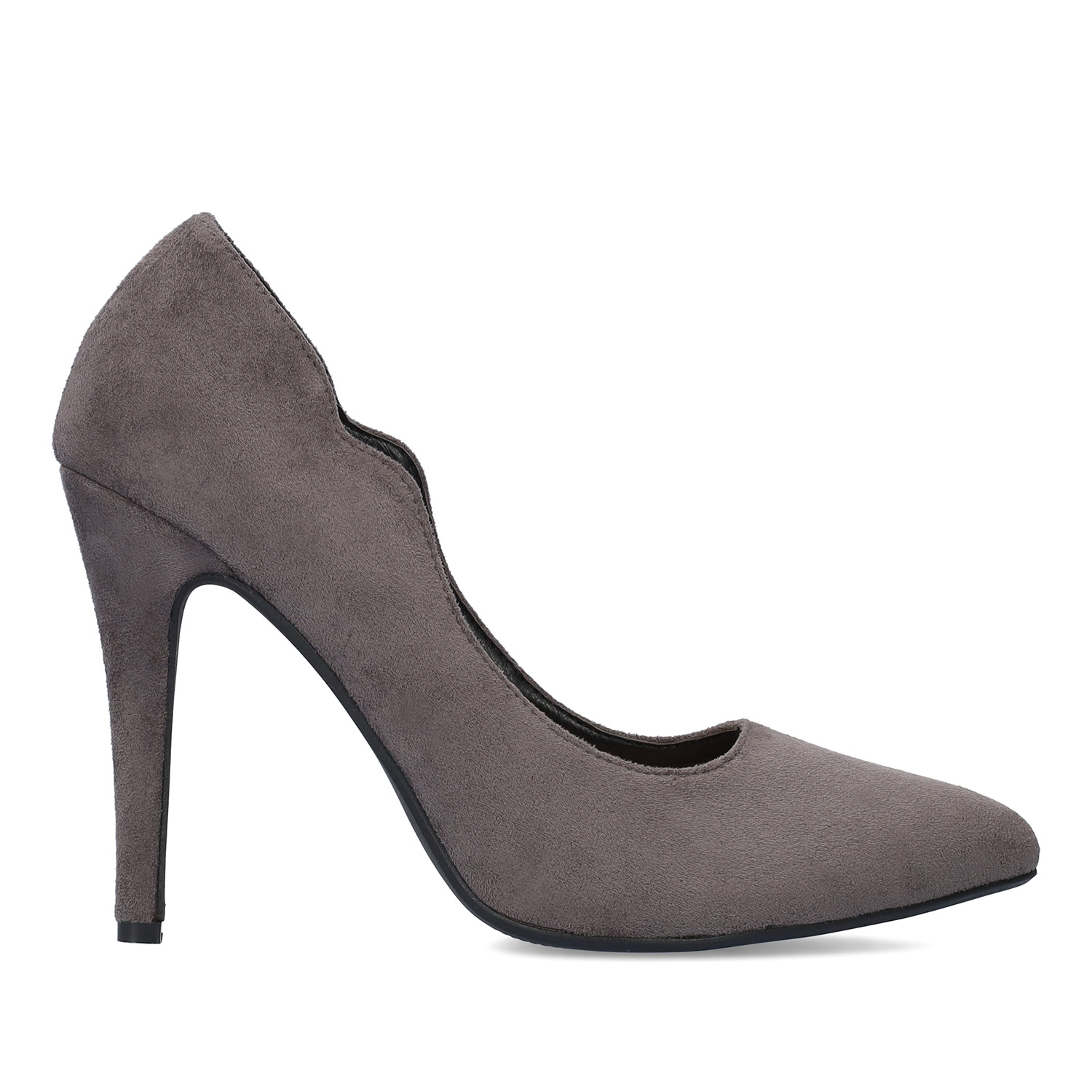 Fine tip stilettos in grey faux suede. 