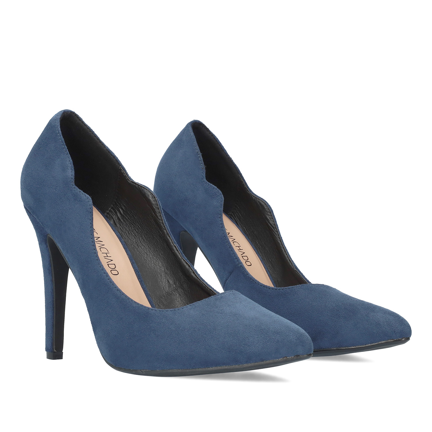 Fine tip stilettos in dark blue faux suede. 