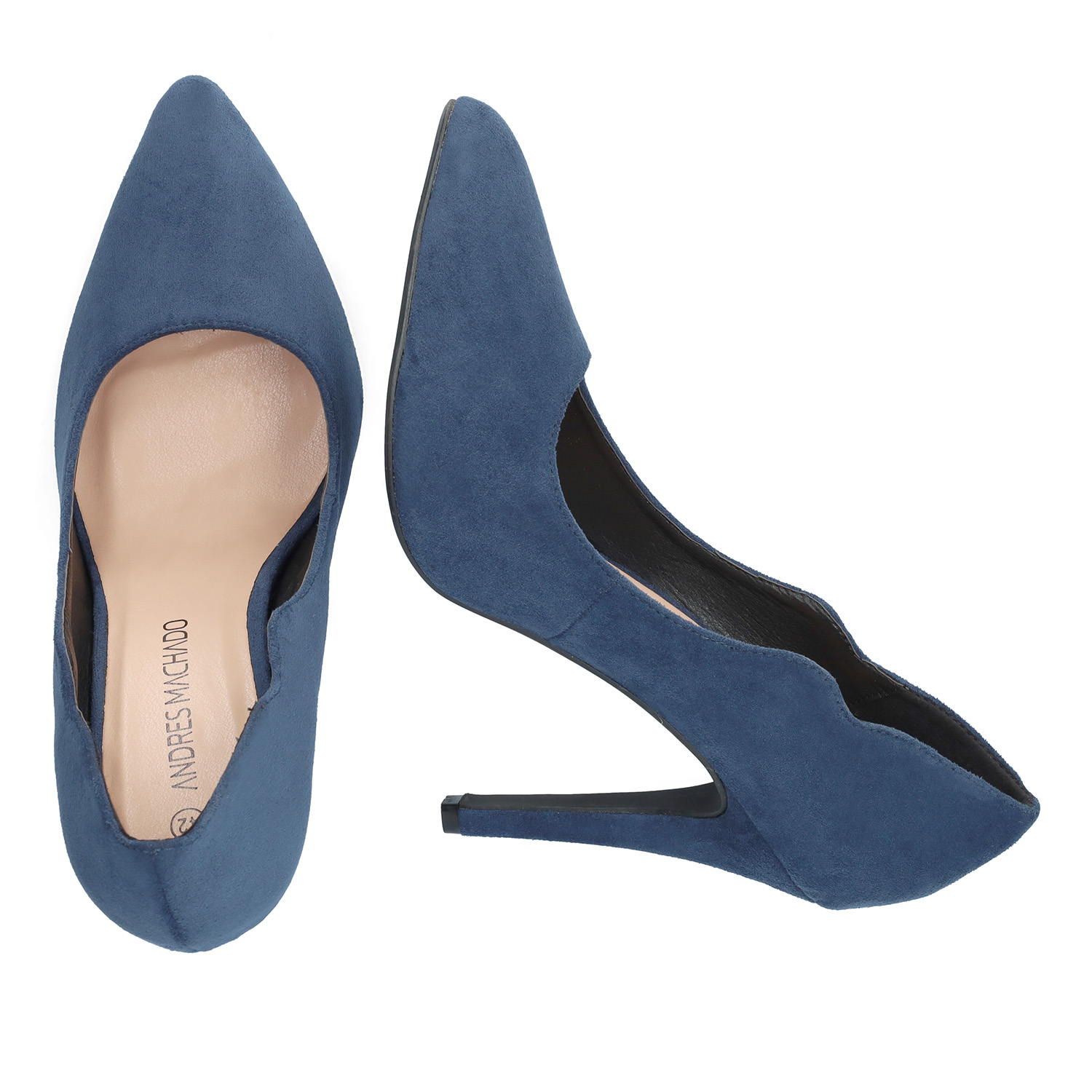 Fine tip stilettos in dark blue faux suede. 