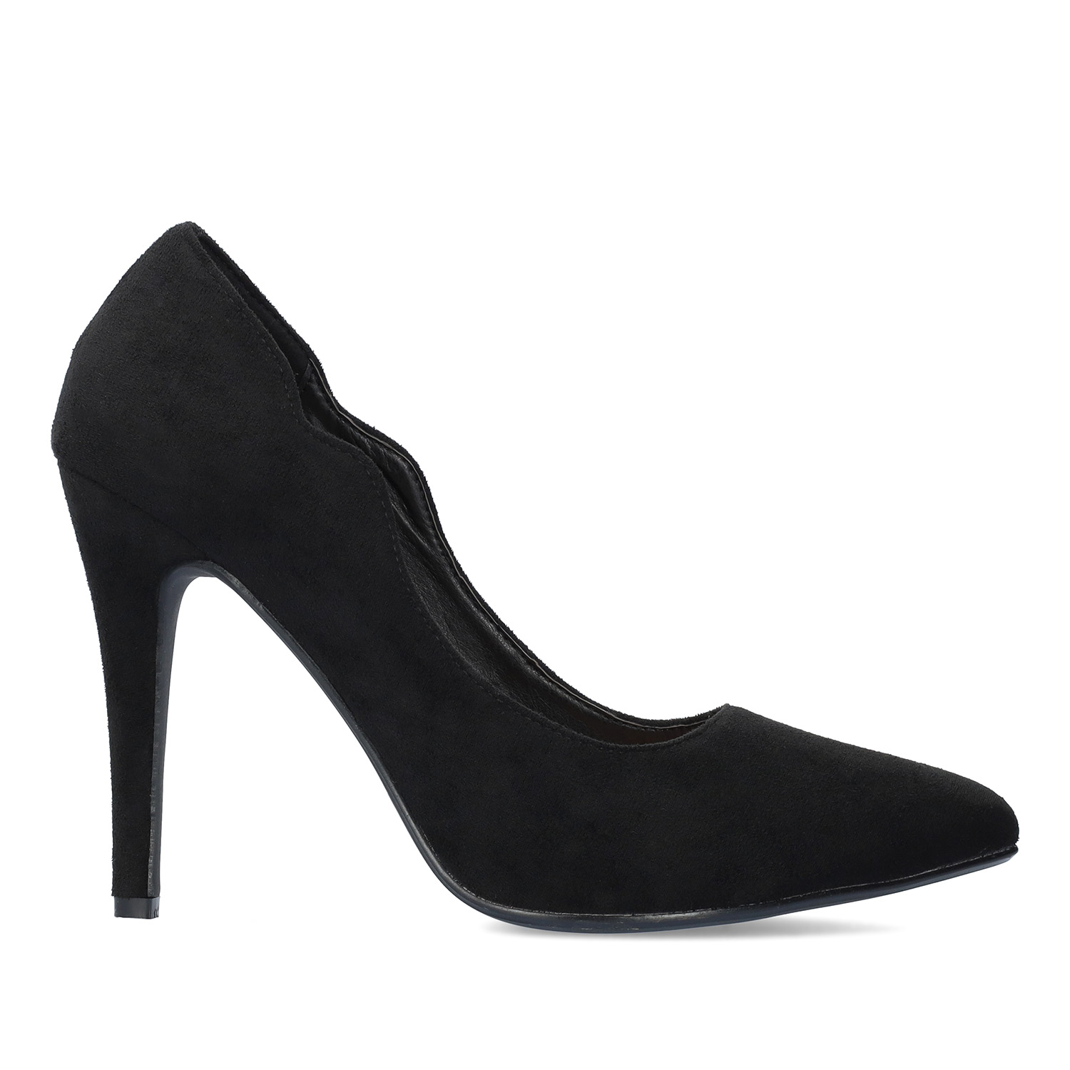 Fine tip stilettos in black faux suede. 