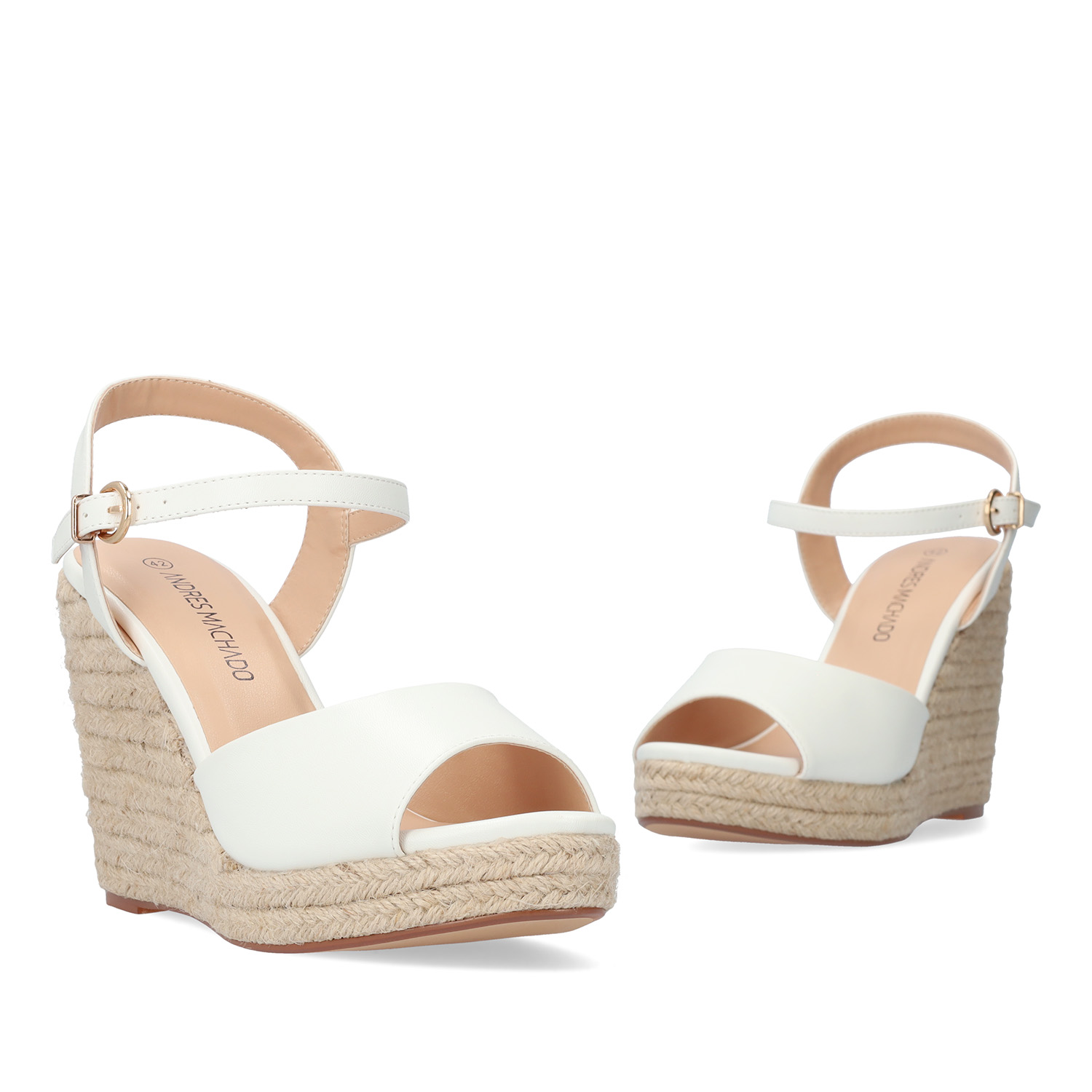 White soft fabric sandal with a jute wedge 