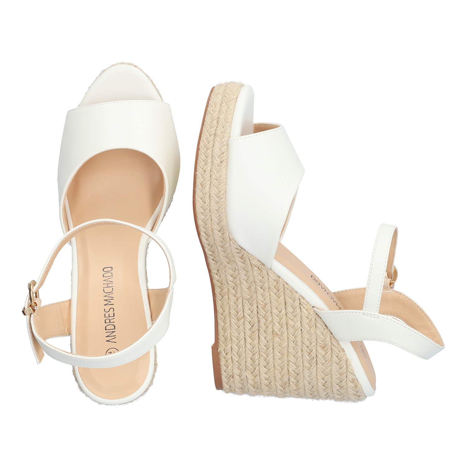 White soft fabric sandal with a jute wedge 