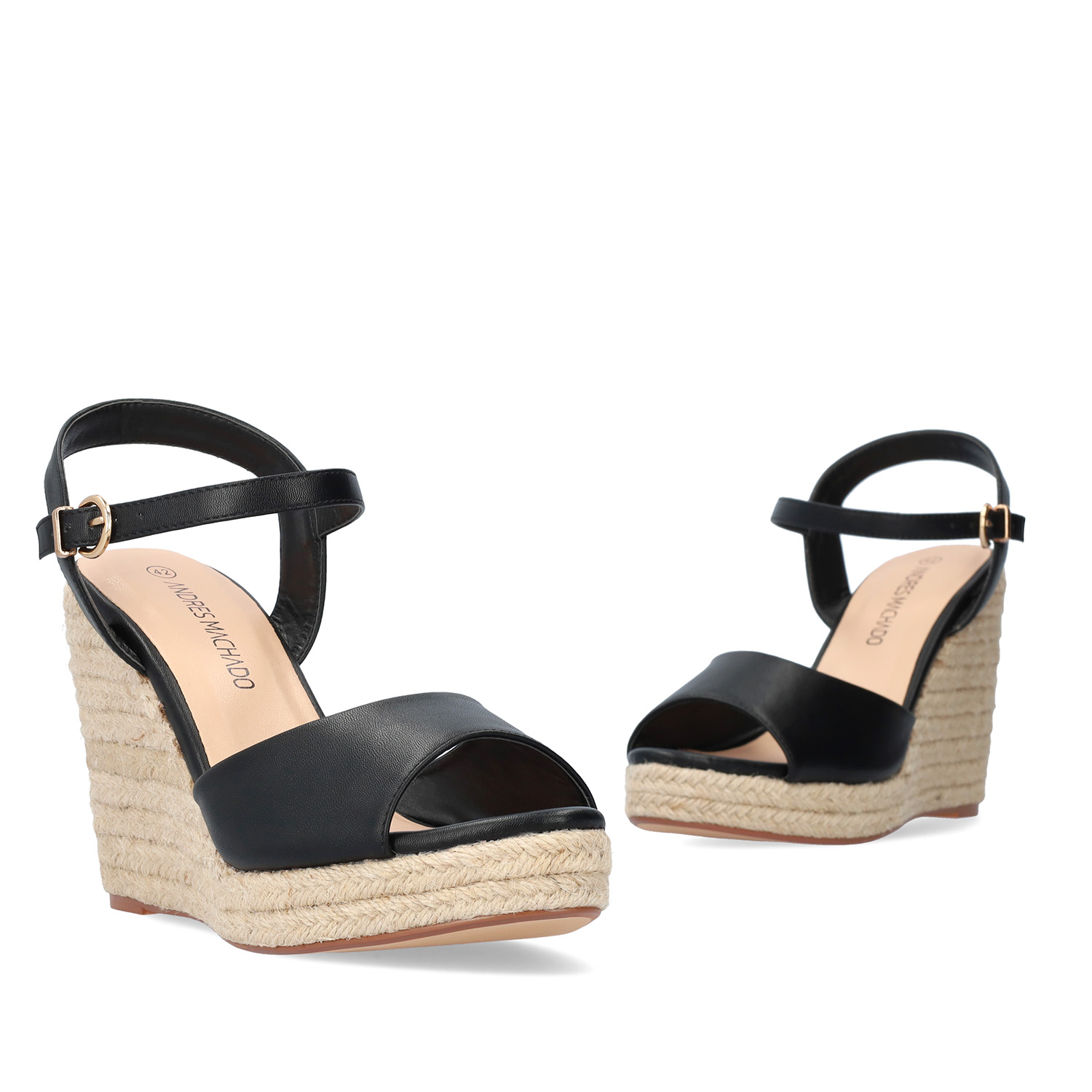 Black soft fabric sandal with a jute wedge 