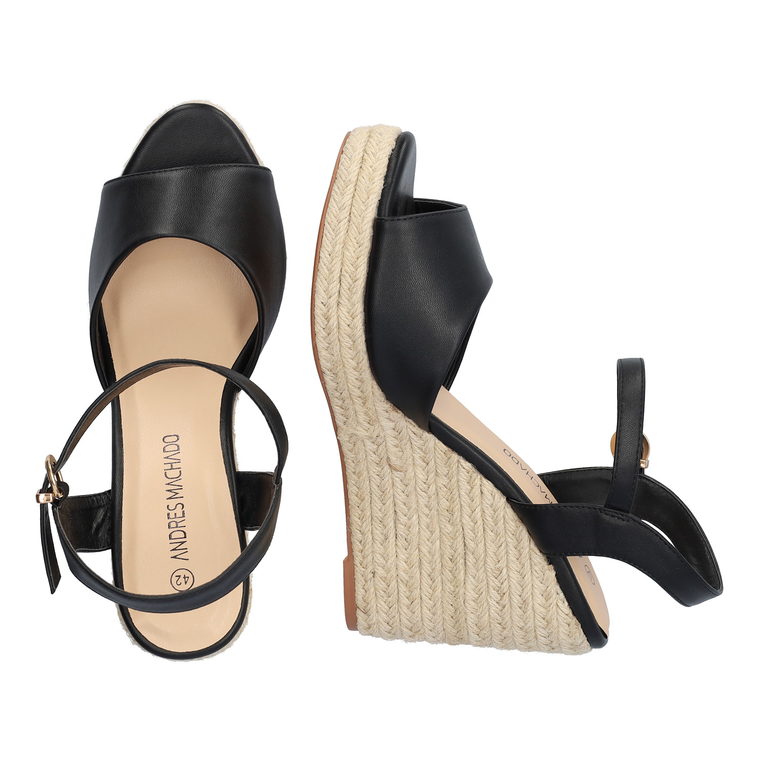 Black soft fabric sandal with a jute wedge 