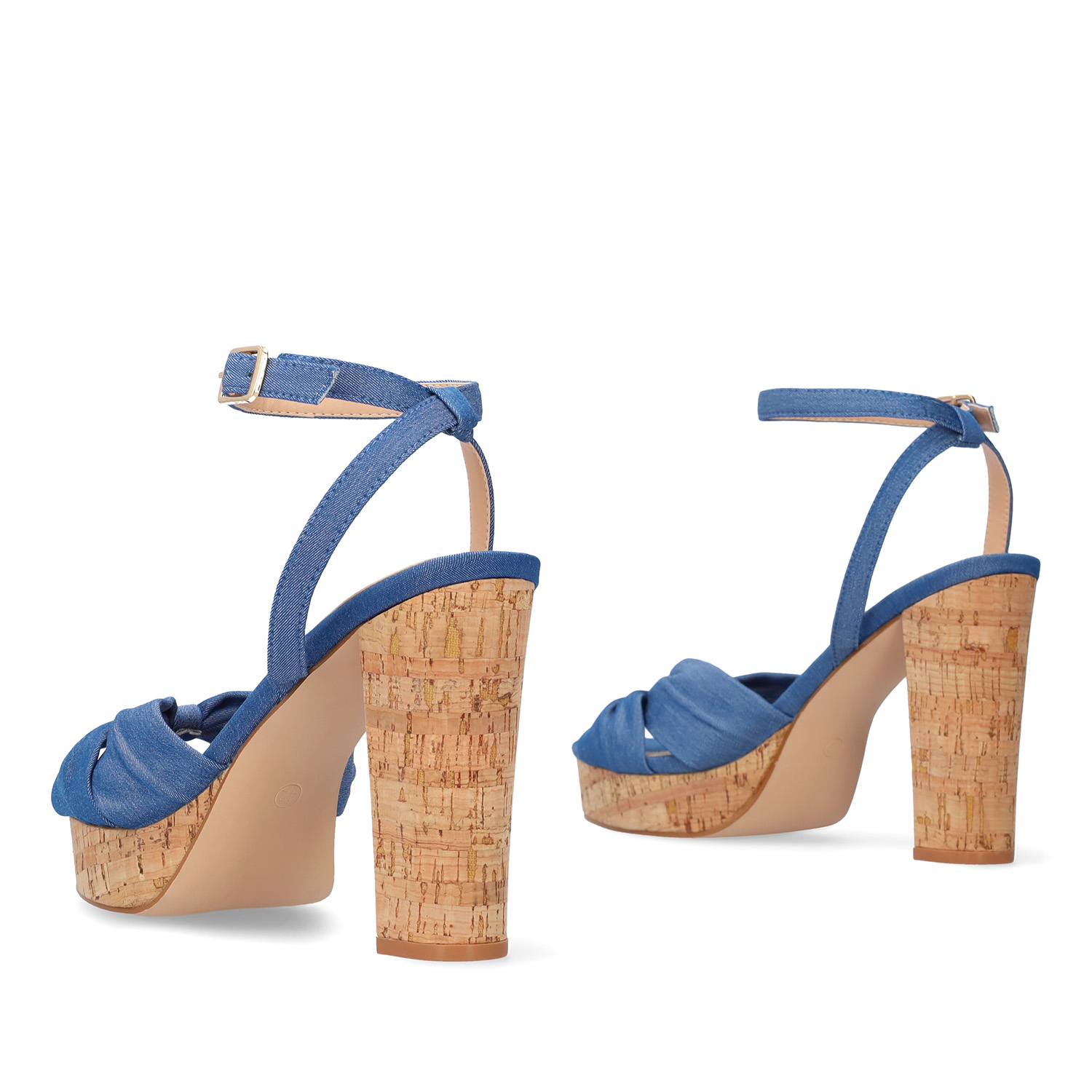 Blue fabric sandal with cork-effect heel 