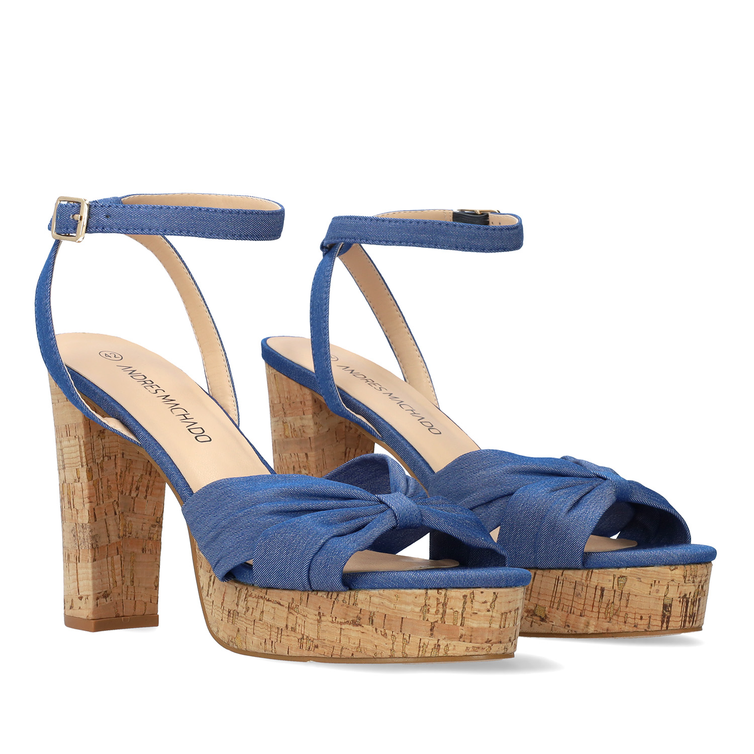 Blue fabric sandal with cork-effect heel 