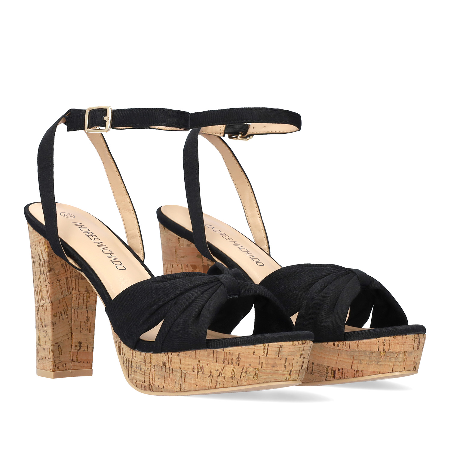 Black fabric sandal with cork-effect heel 