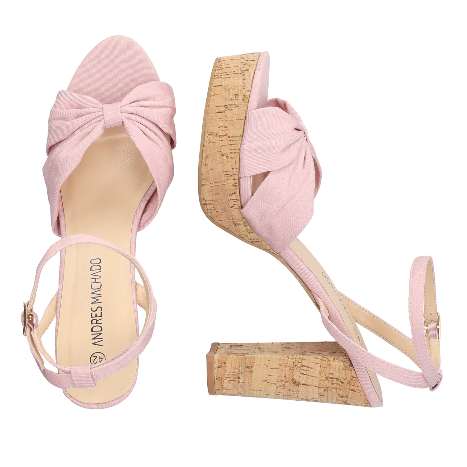 Pink fabric sandal with cork-effect heel 