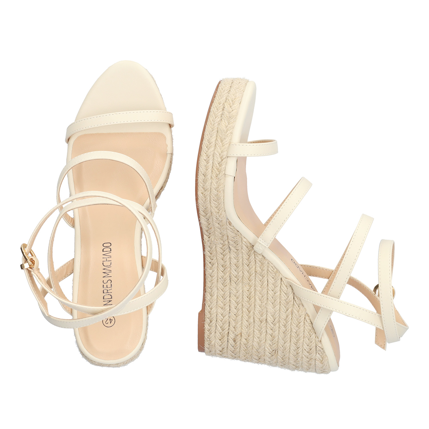 Beige soft fabric sandal with a jute wedge 