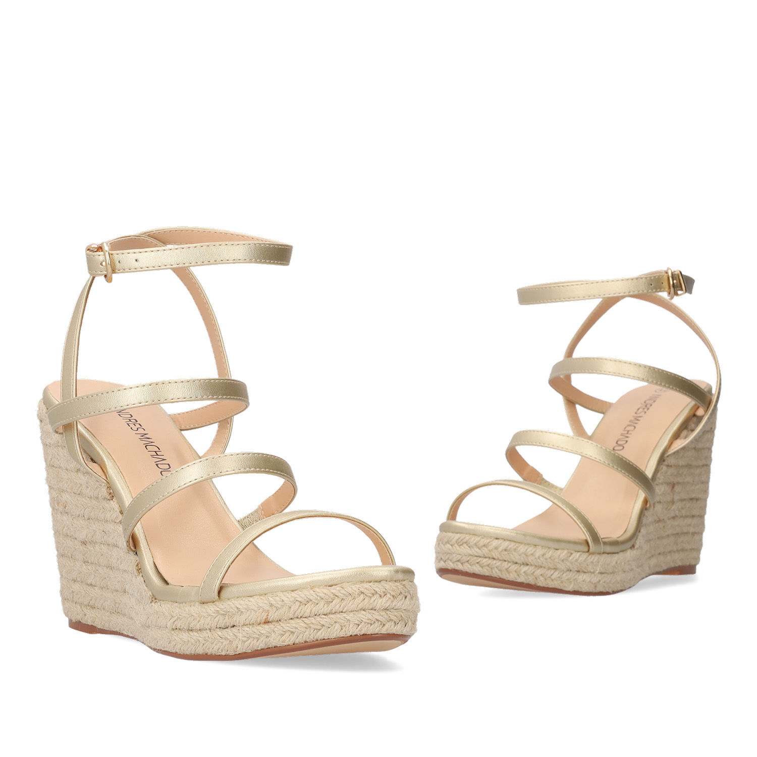 Golden soft fabric sandal with a jute wedge 