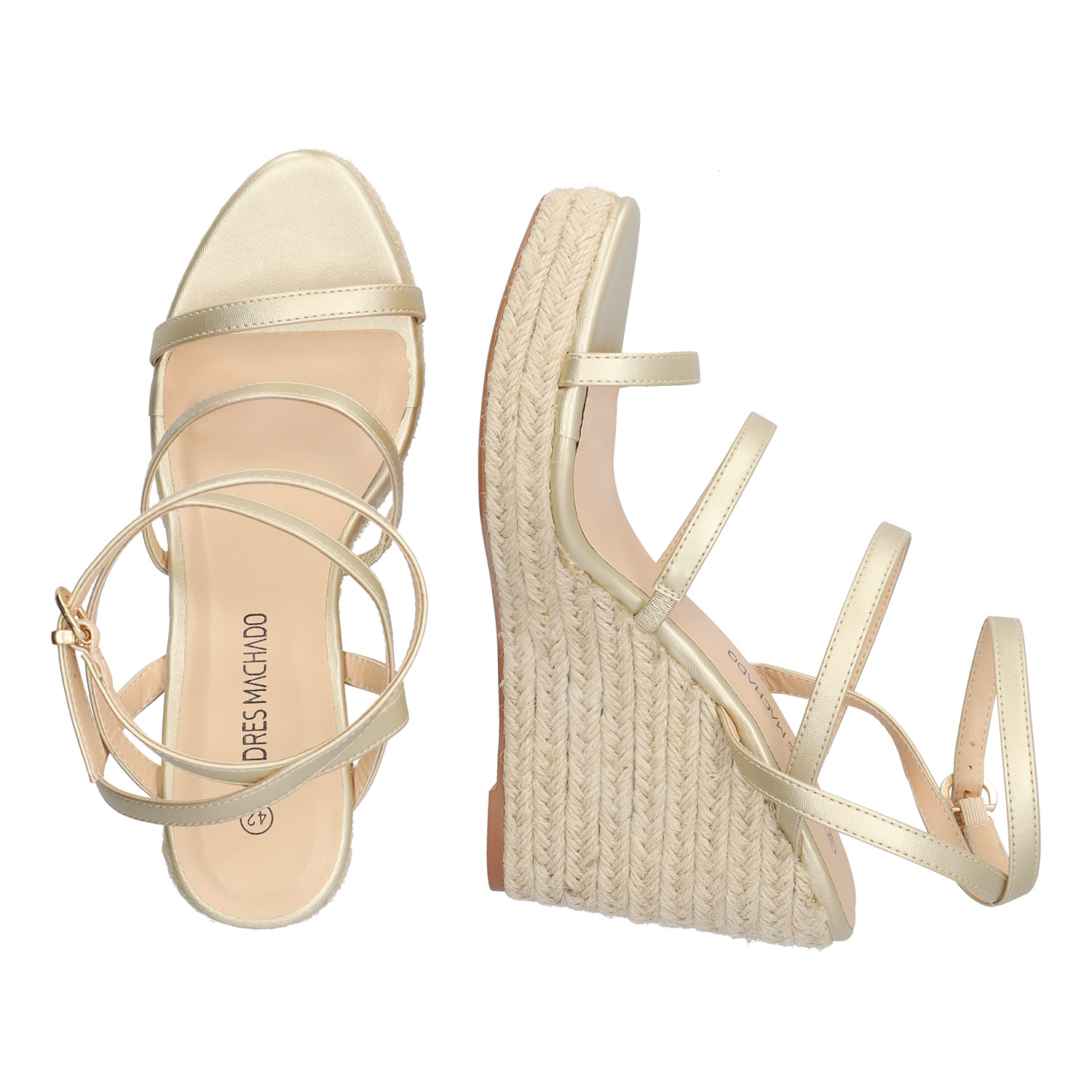 Golden soft fabric sandal with a jute wedge 