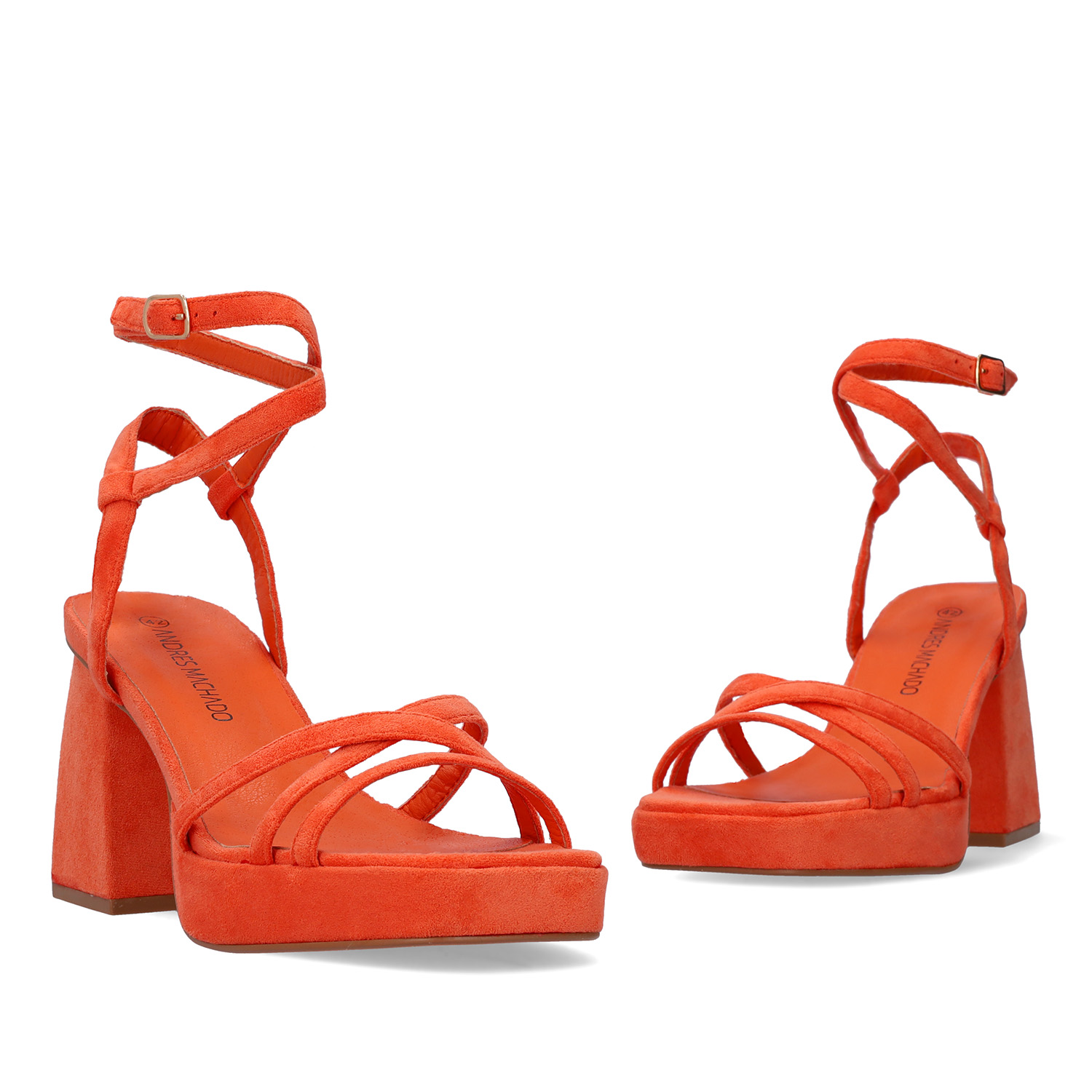 Orange faux suede sandal with squared heel 