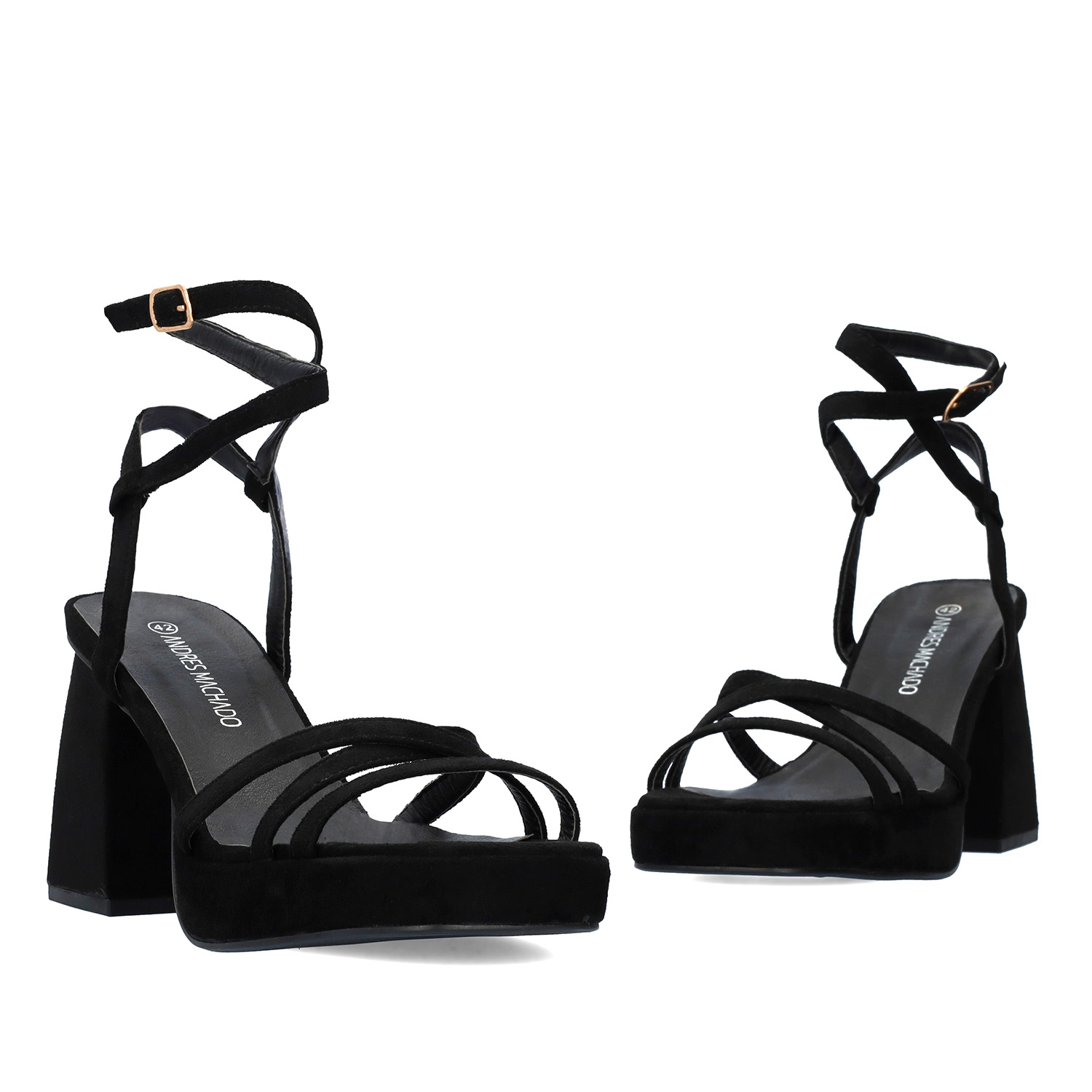 Black faux suede sandal with squared heel 