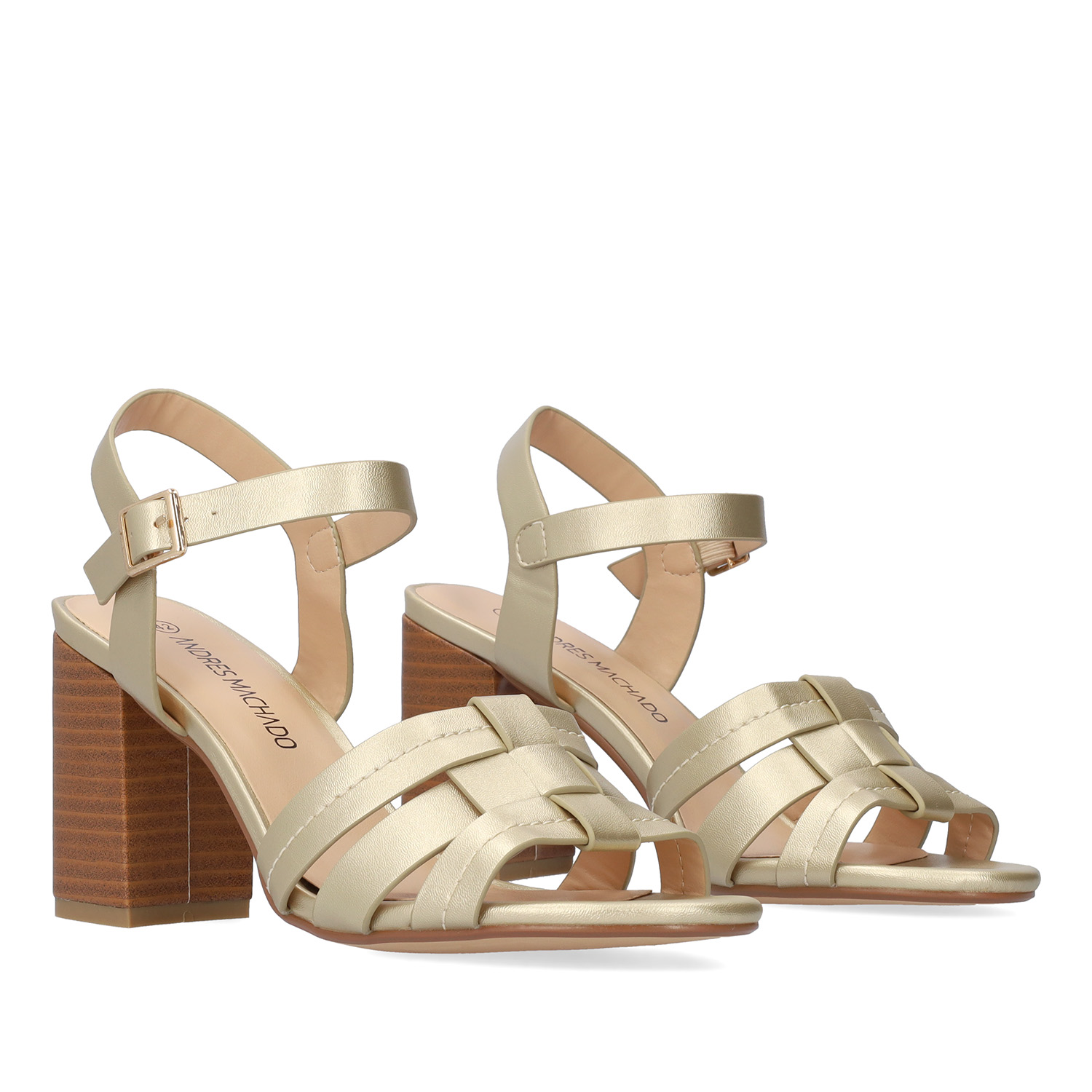 Soft golden colored sandals with squared heel 