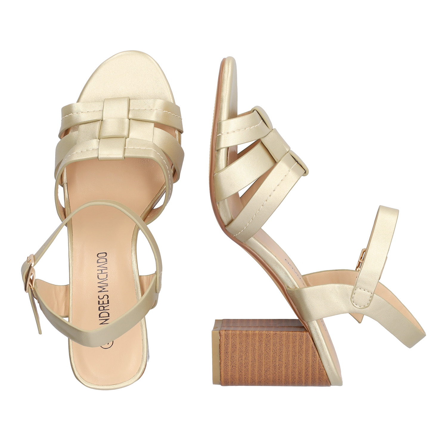 Soft golden colored sandals with squared heel 
