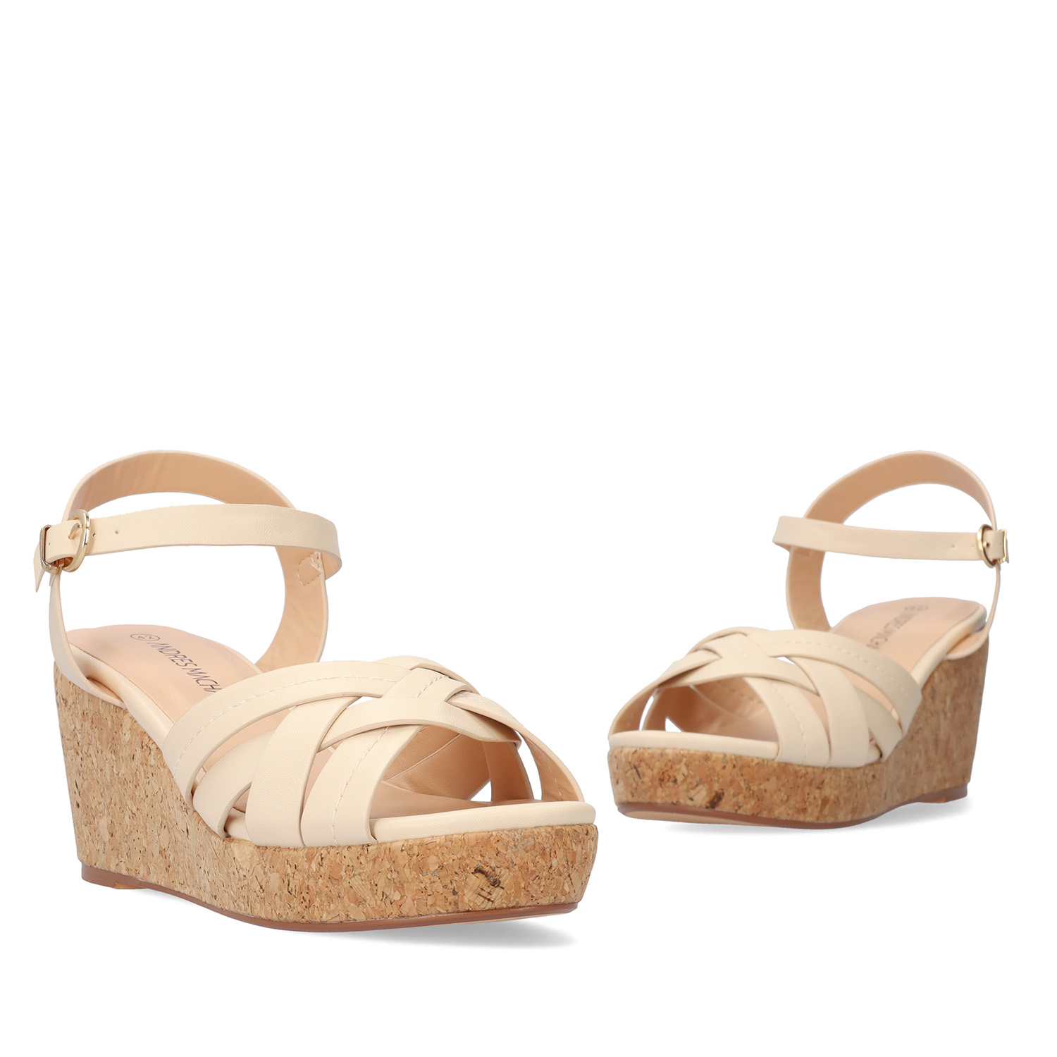 Beige soft sandals with a wooden effect wedge 