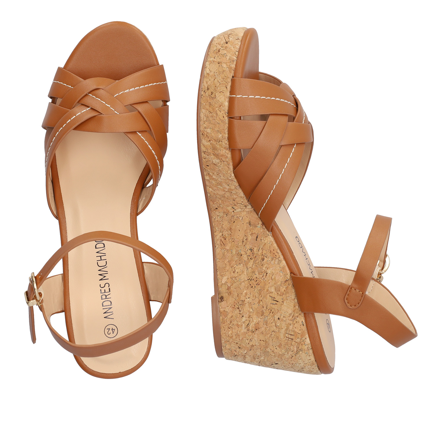 Brown soft sandals with a wooden effect wedge 