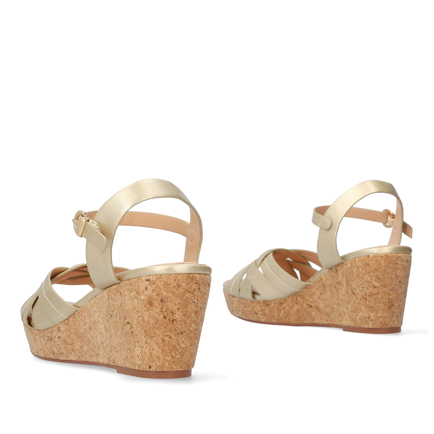 Gold-coloured soft sandals with a wooden effect wedge 