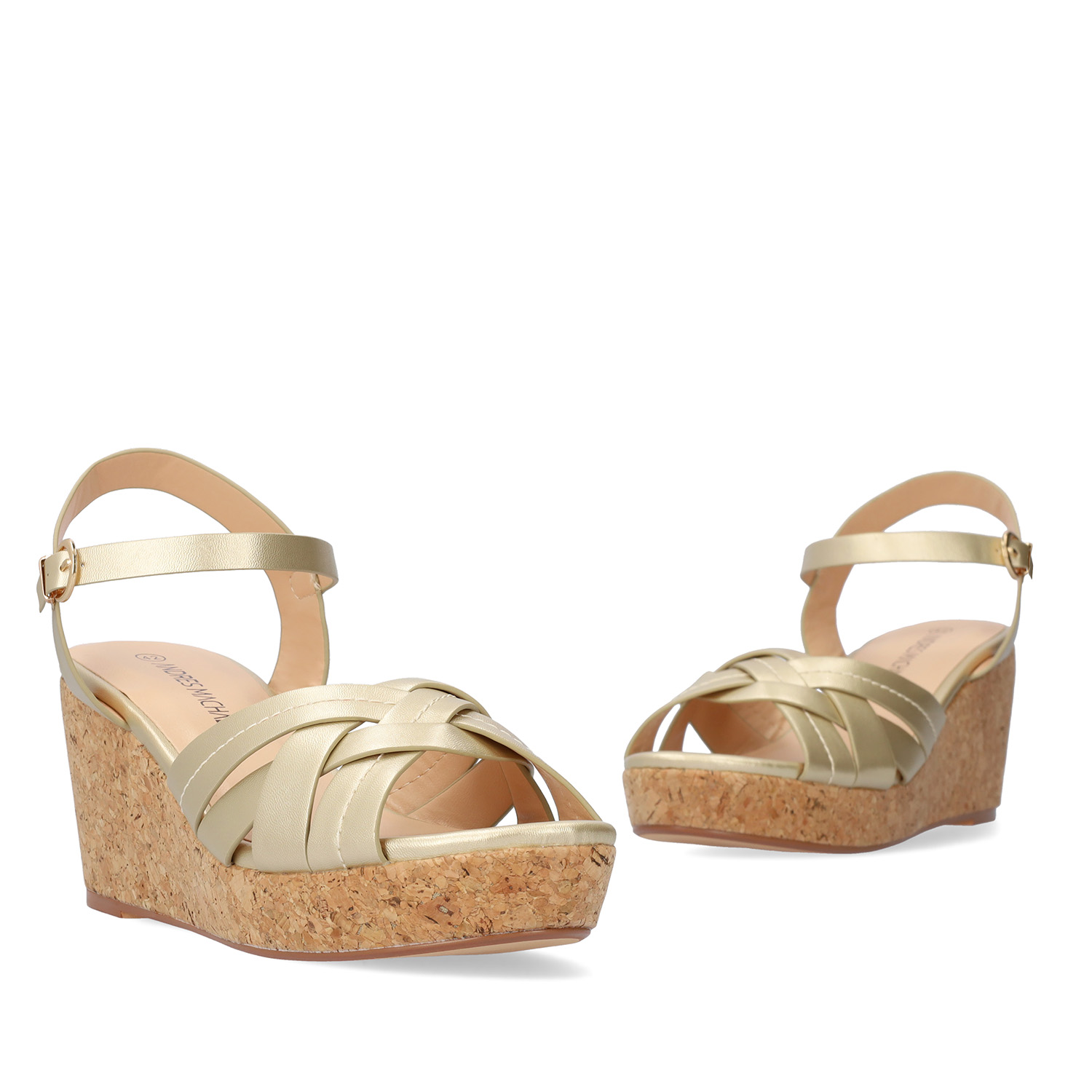 Gold-coloured soft sandals with a wooden effect wedge 