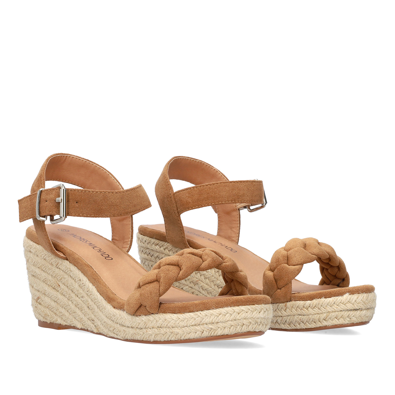 Brown faux suede sandal with a jute wedge 