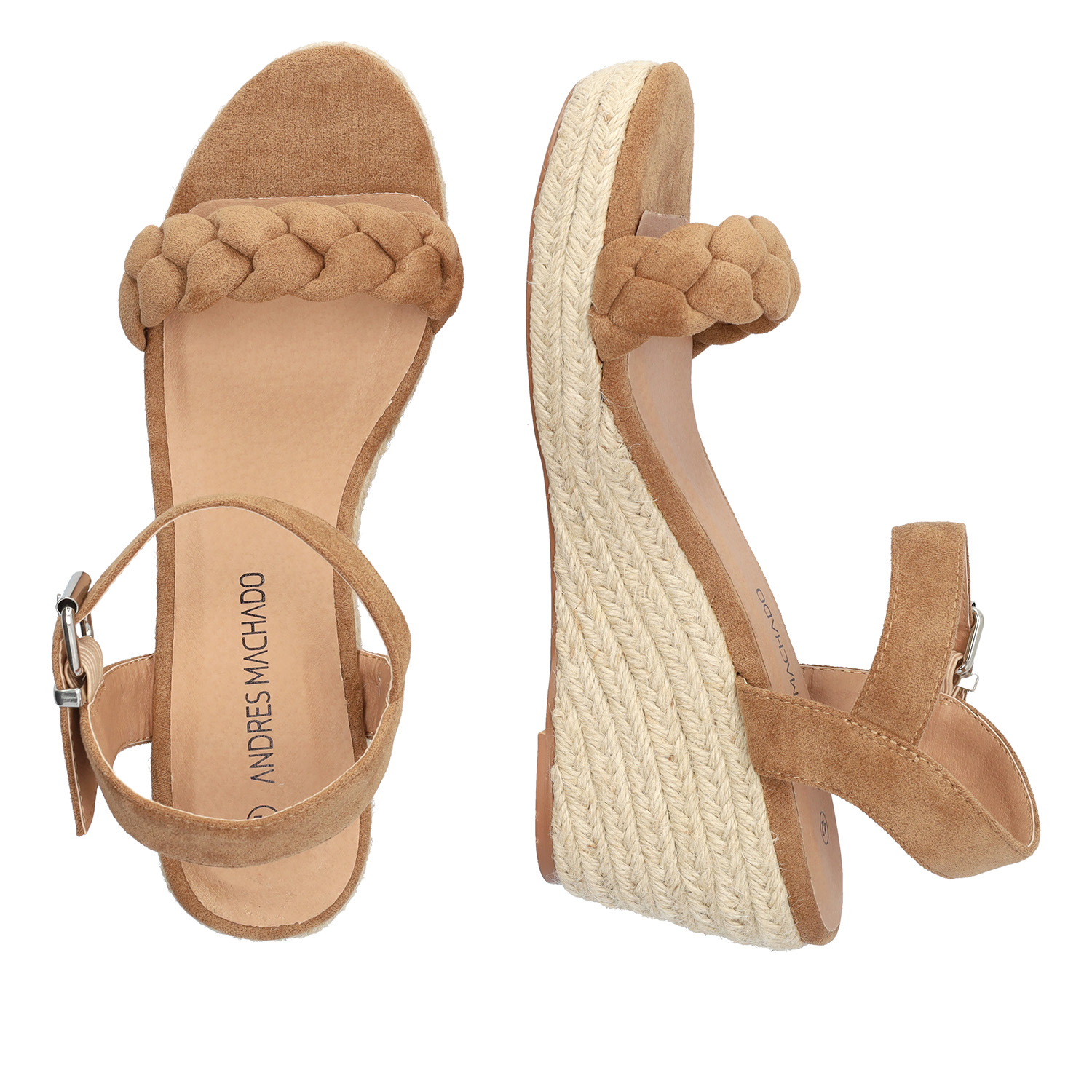 Brown faux suede sandal with a jute wedge 
