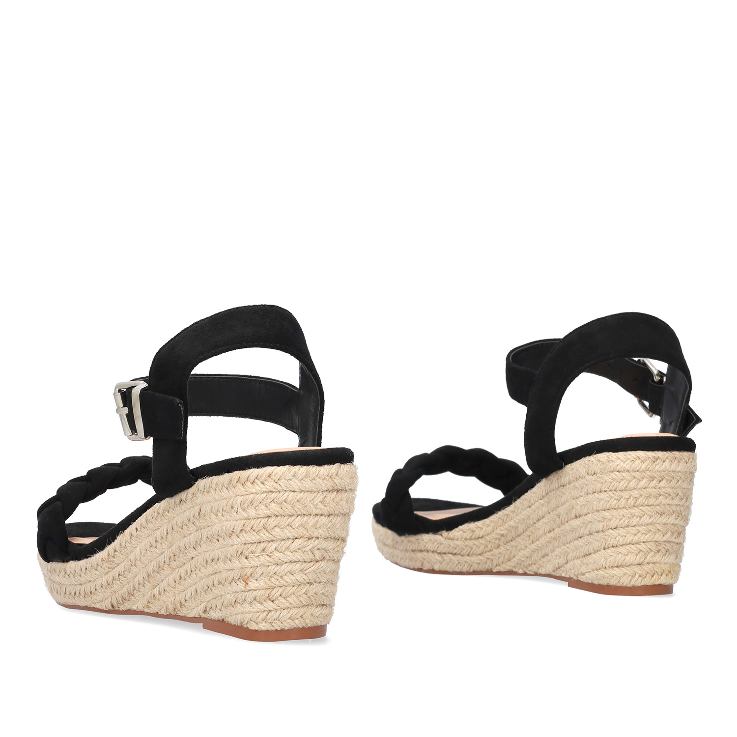Black faux suede sandals with a jute wedge 