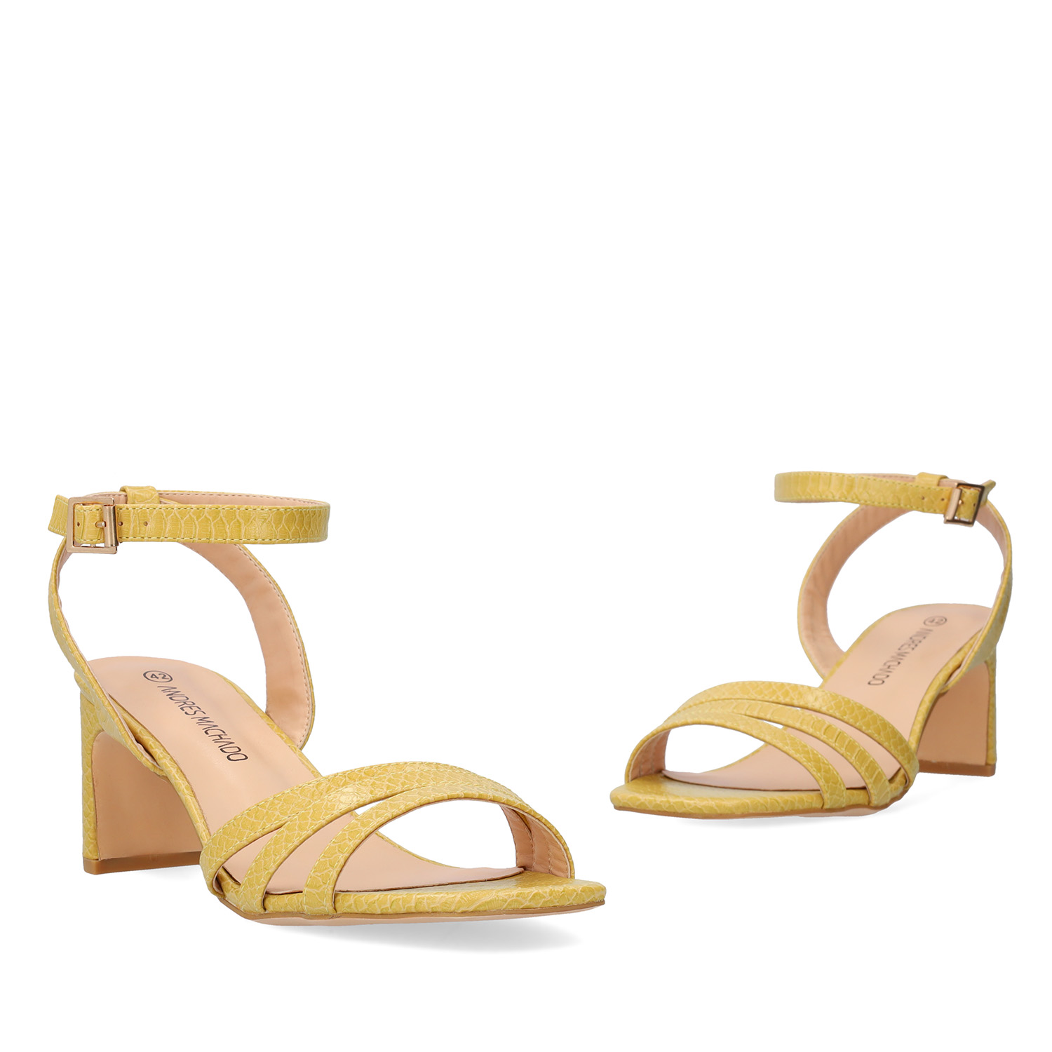 Soft Snake mustard coloured sandals with a thin block heel 