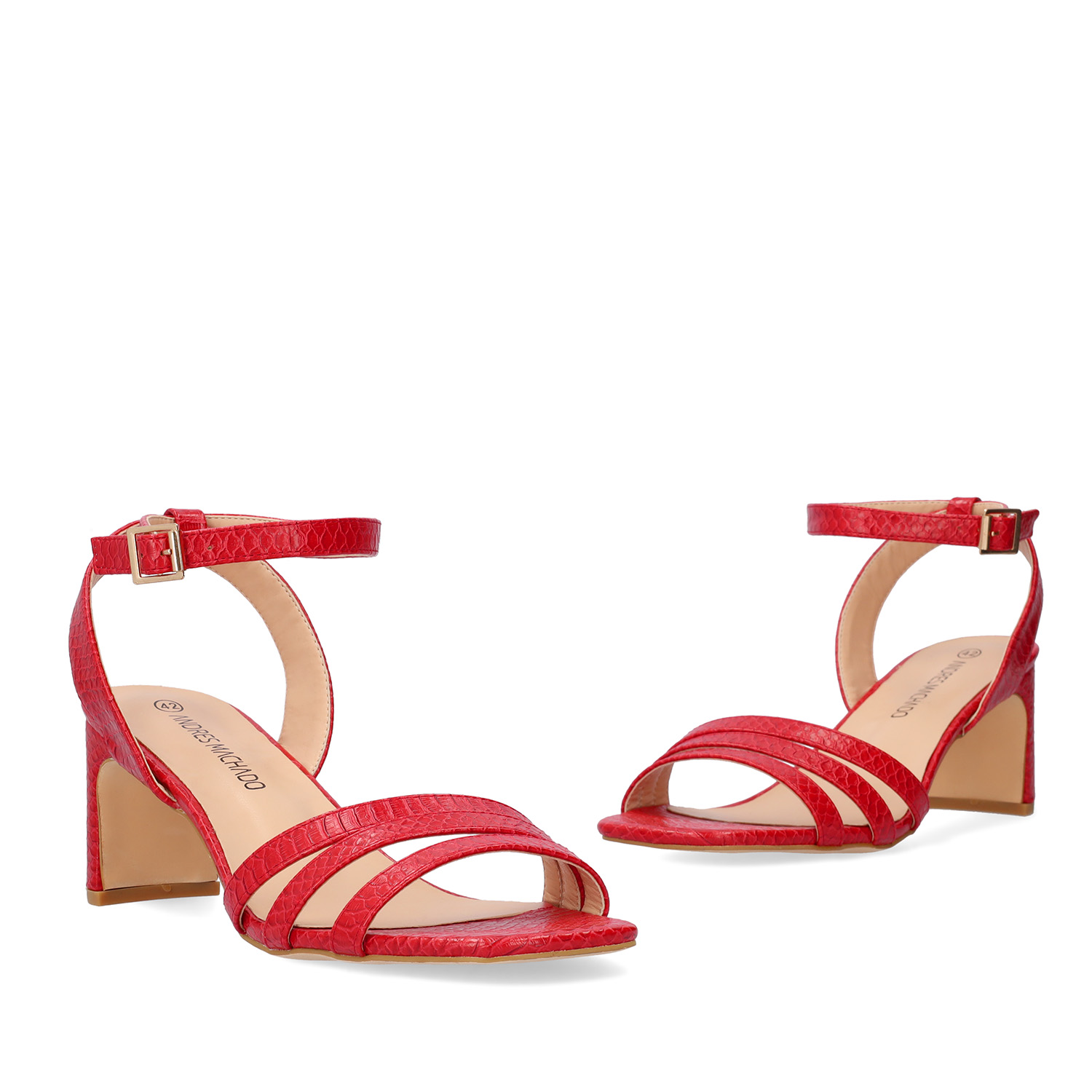 Soft Snake red coloured sandals with a thin block heel 