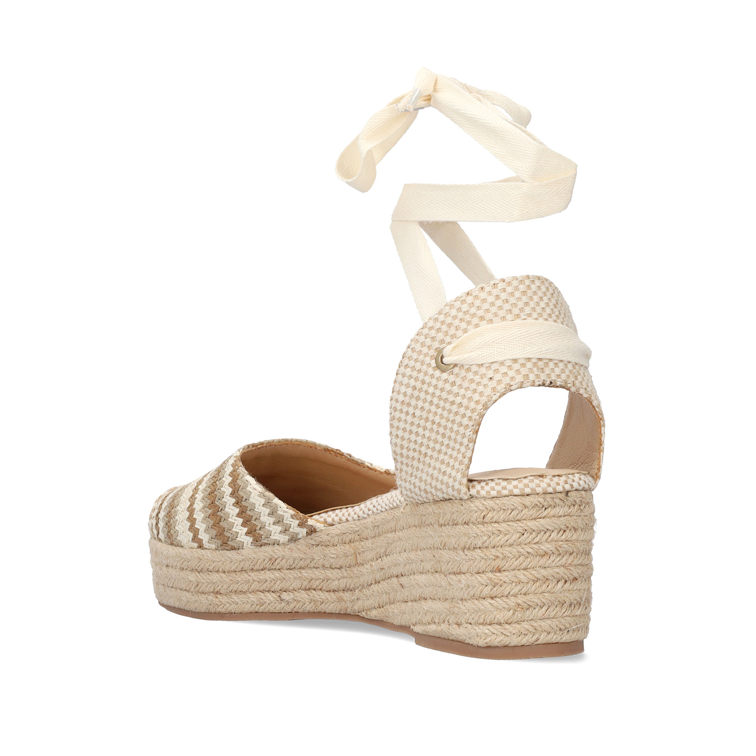 Beige fabric sandals with a jute wedge 