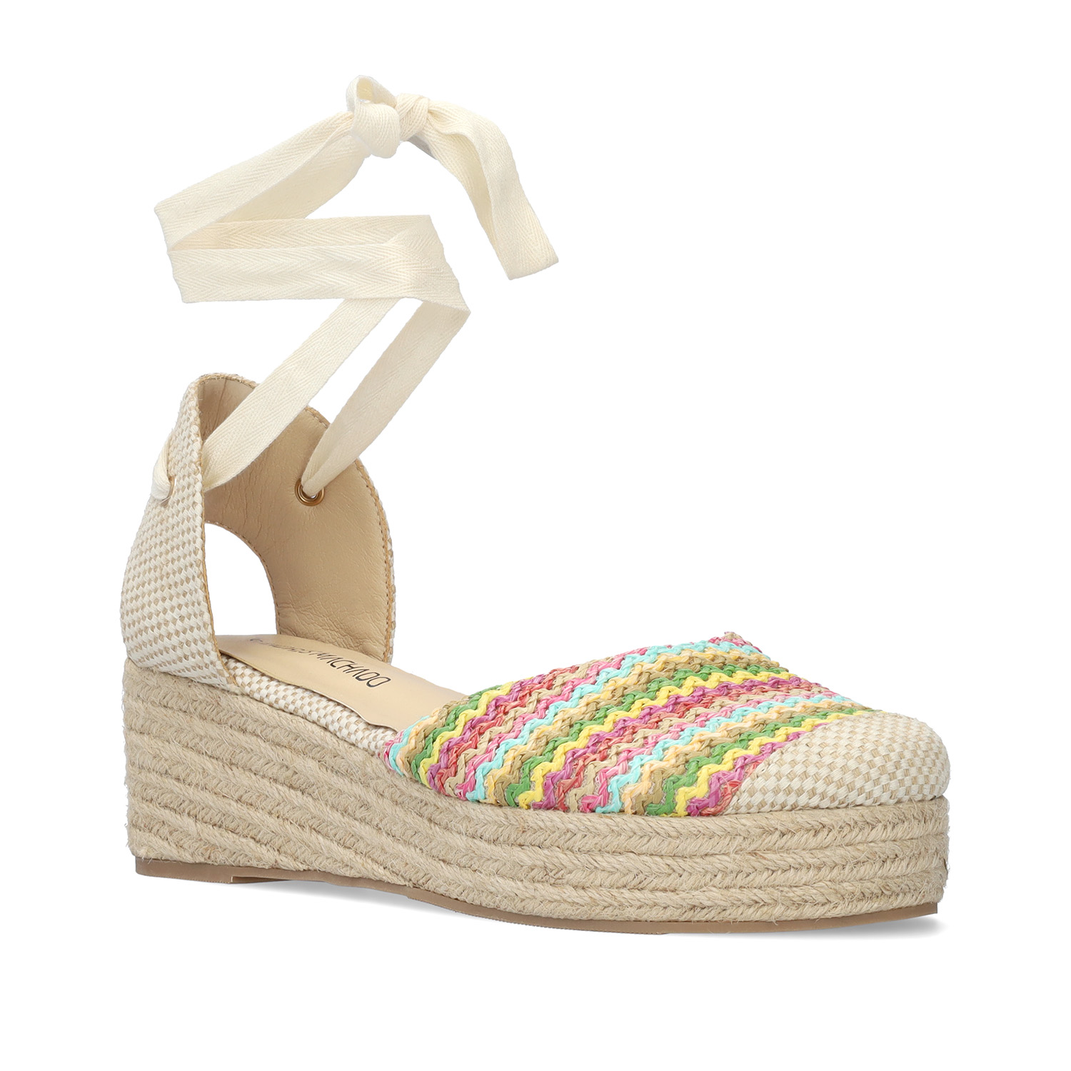 Wedge sandals in multi-colored fabric with jute wedge 