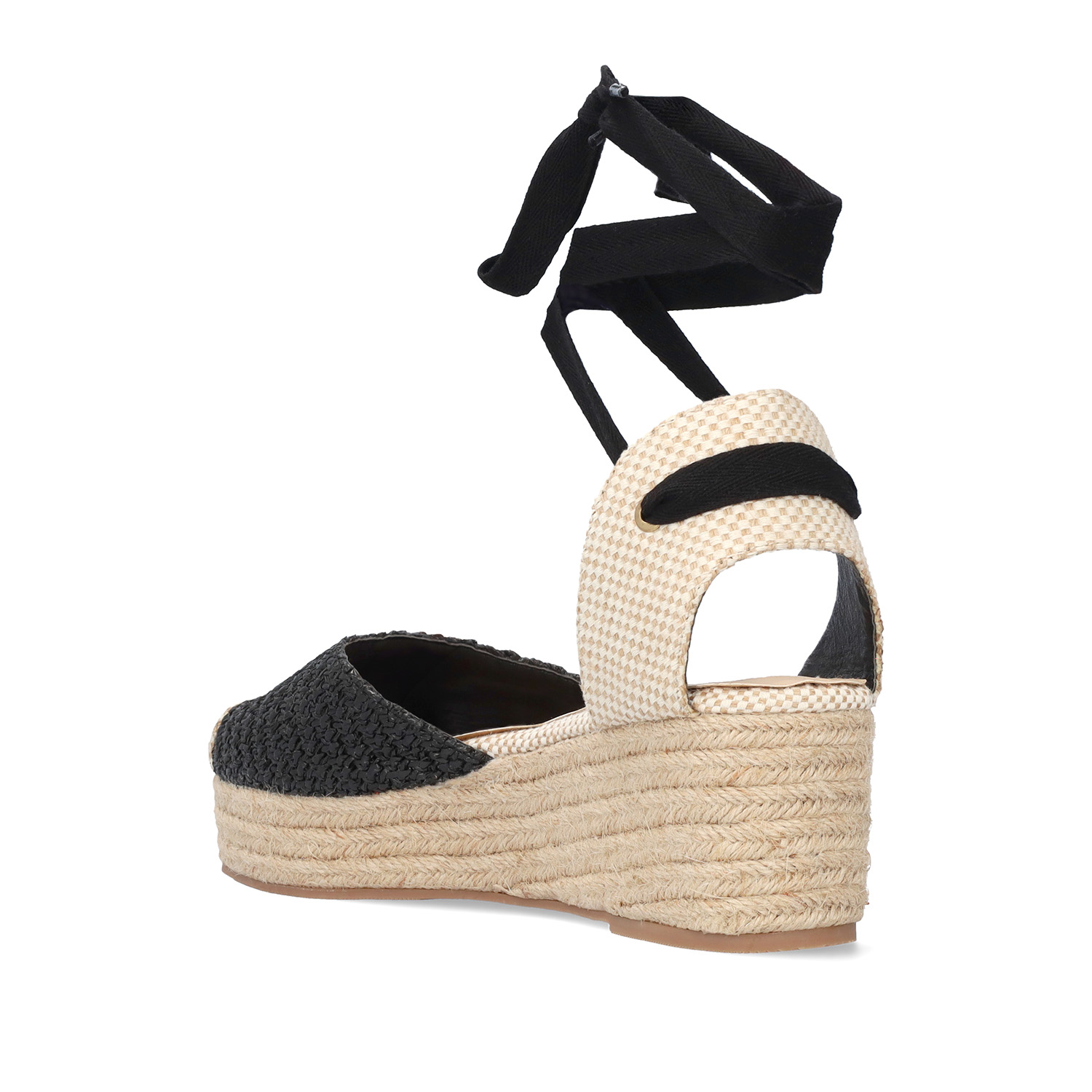 Wedge sandals in black-colored fabric with jute wedge 