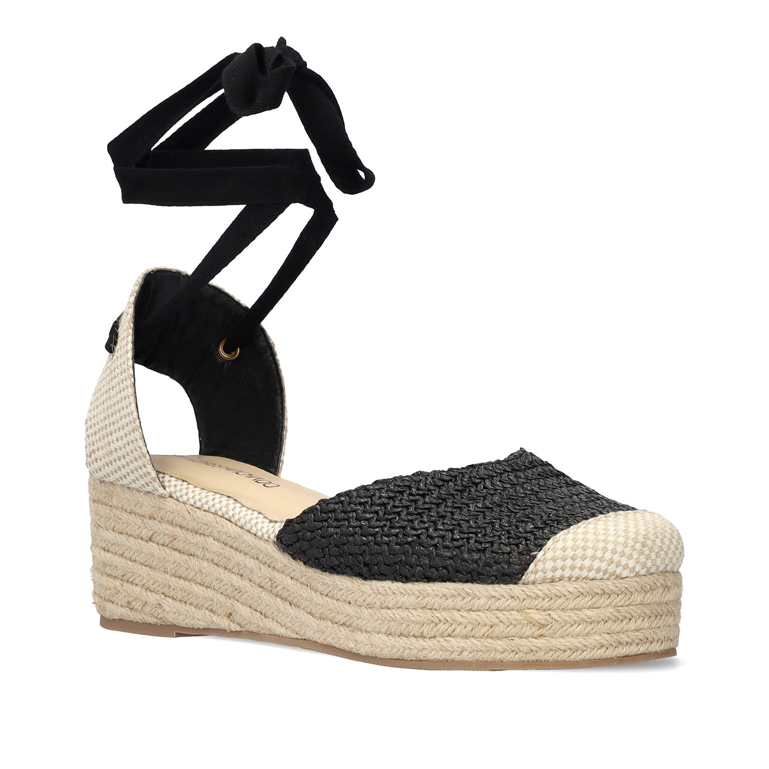 Wedge sandals in black-colored fabric with jute wedge 