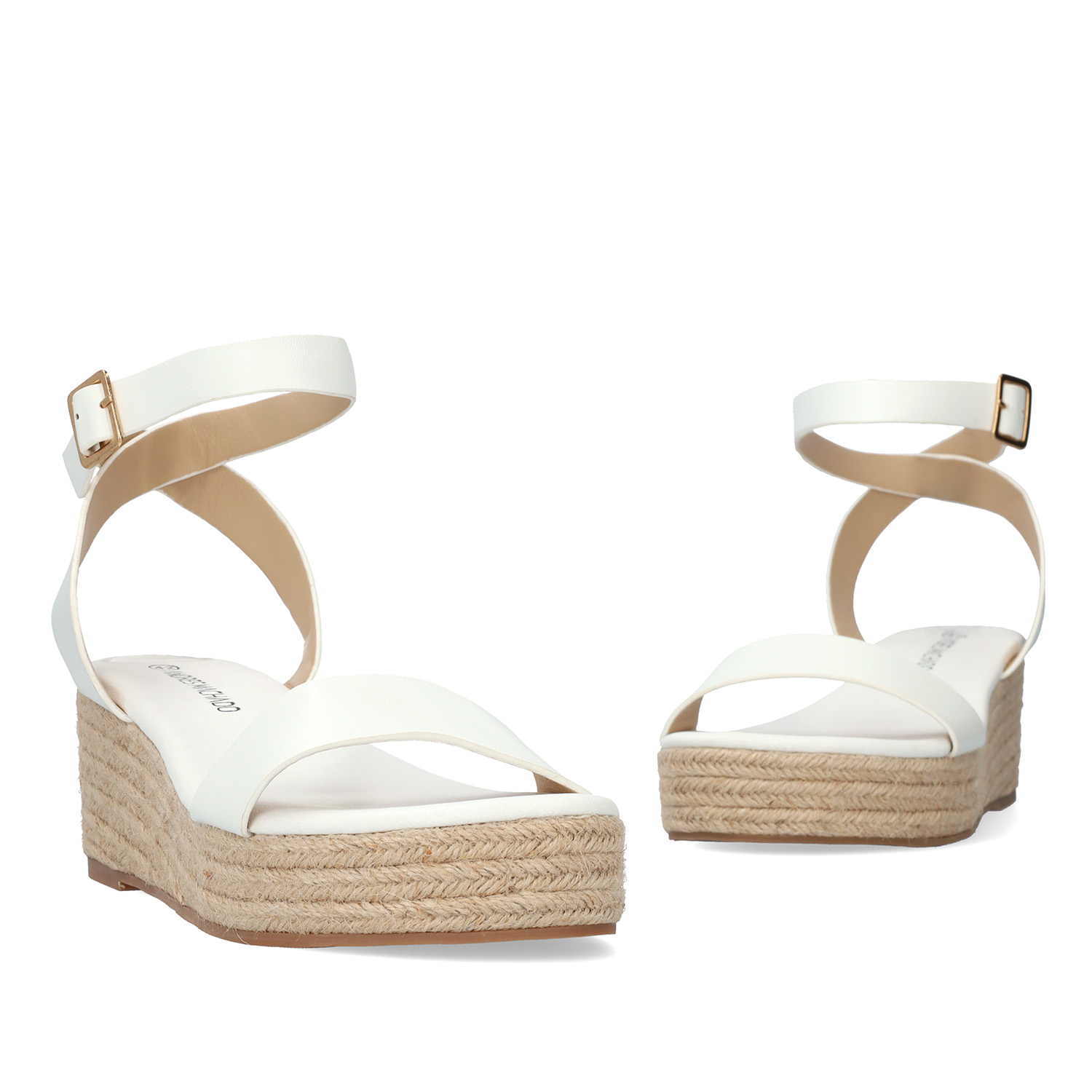 White soft sandals with a jute wedge 
