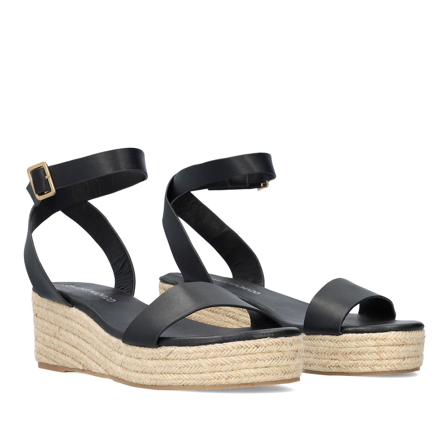 Black soft sandals with a jute wedge 