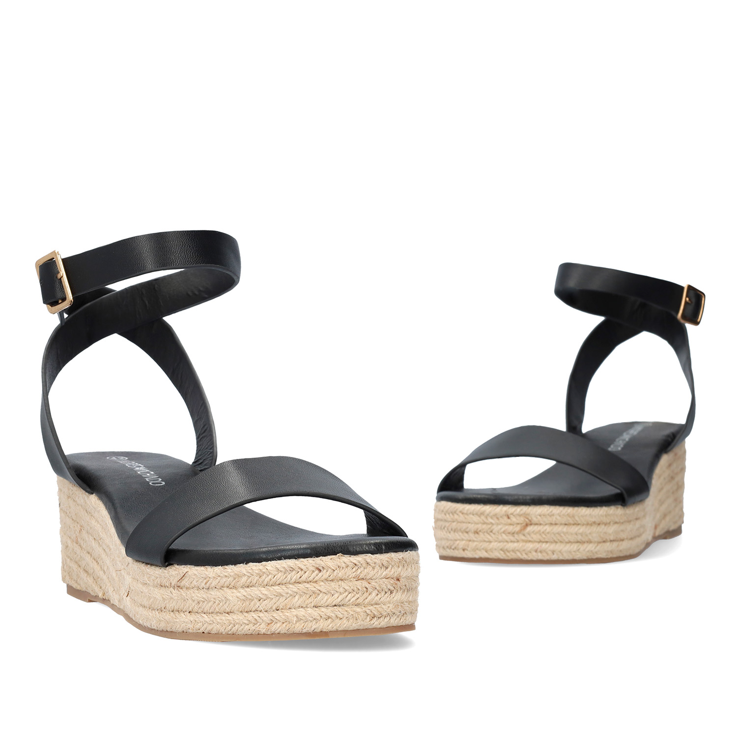 Black soft sandals with a jute wedge 