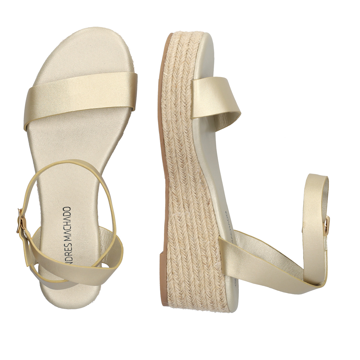 Gold soft sandals with a jute wedge 