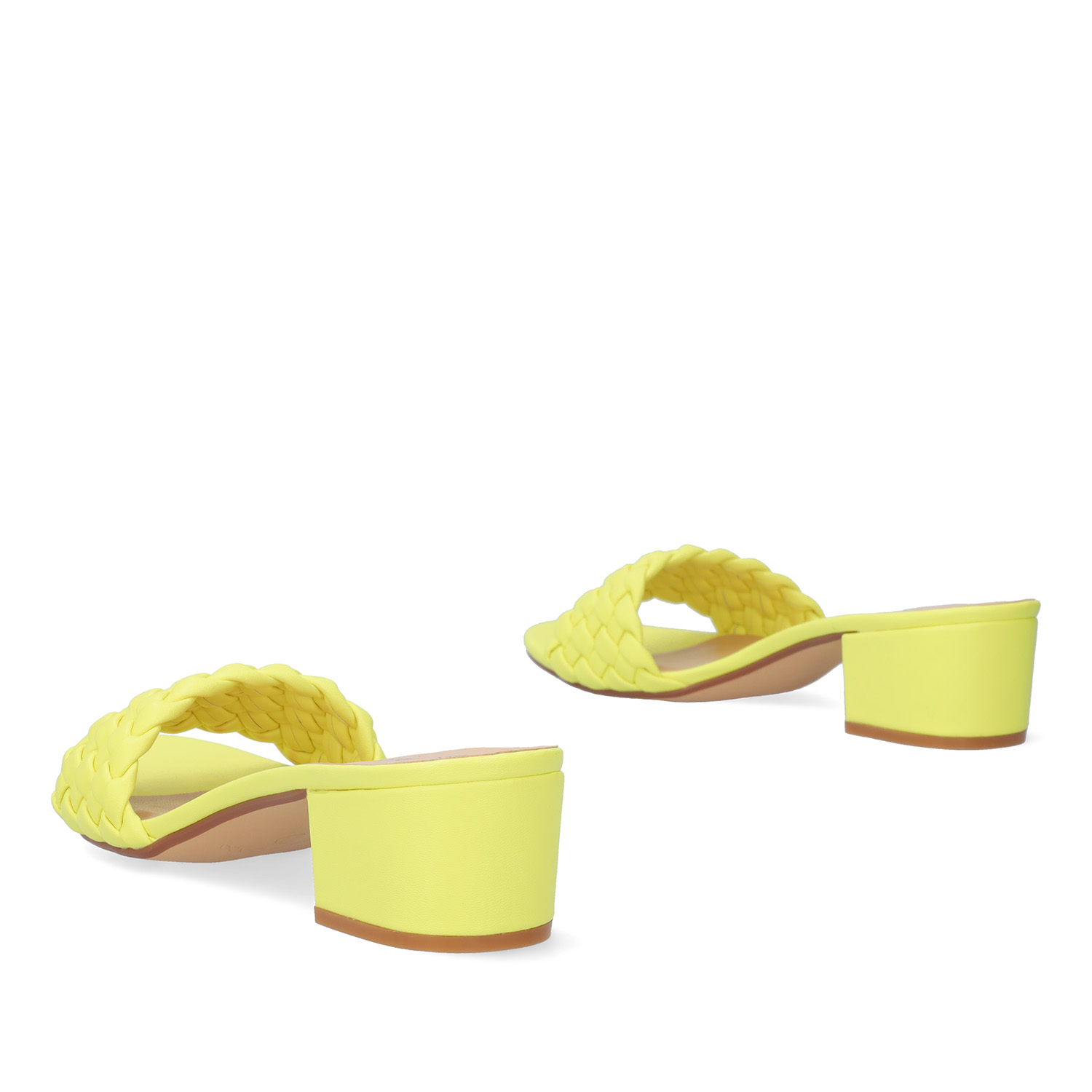 Squared heel mule in soft neon yellow material 