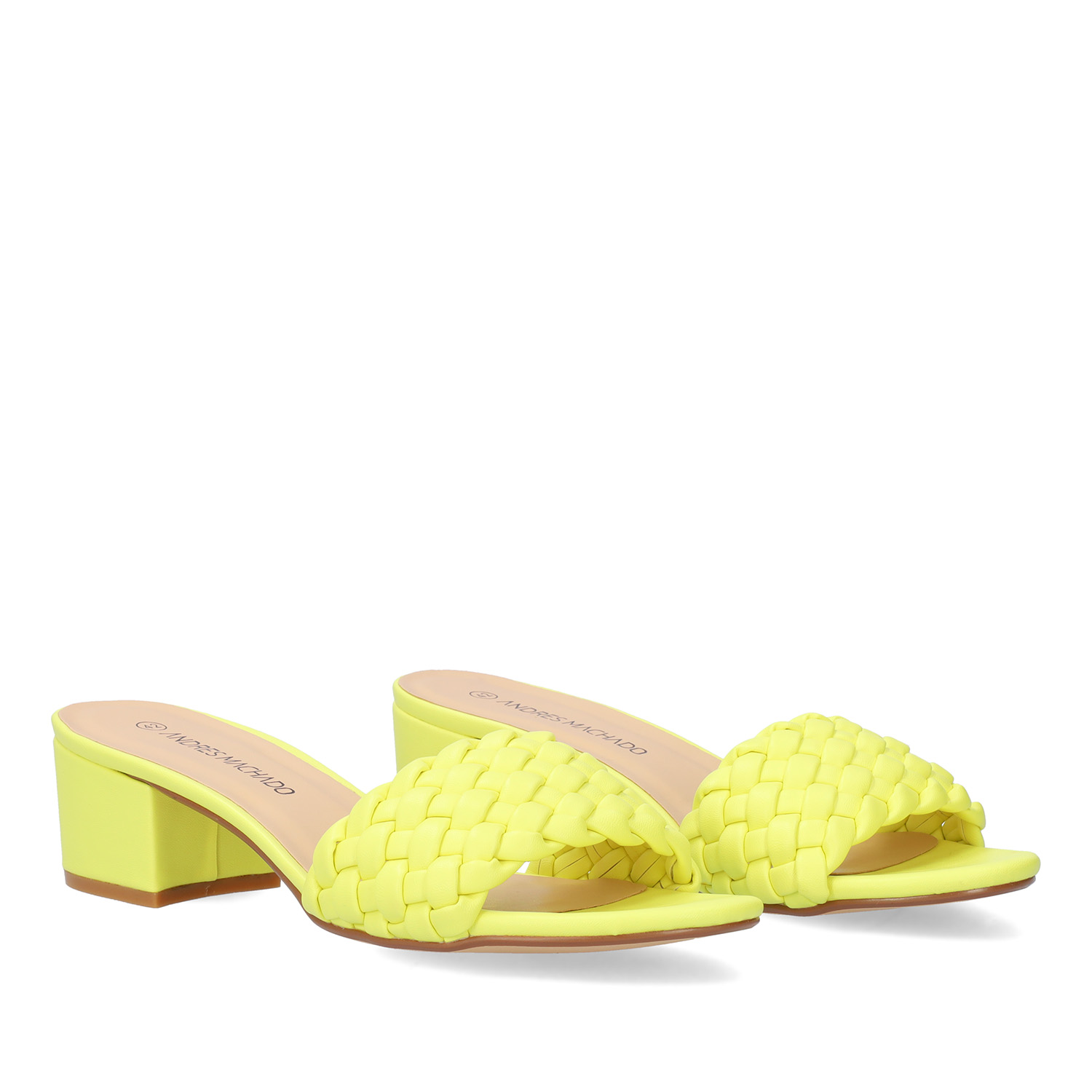 Squared heel mule in soft neon yellow material 