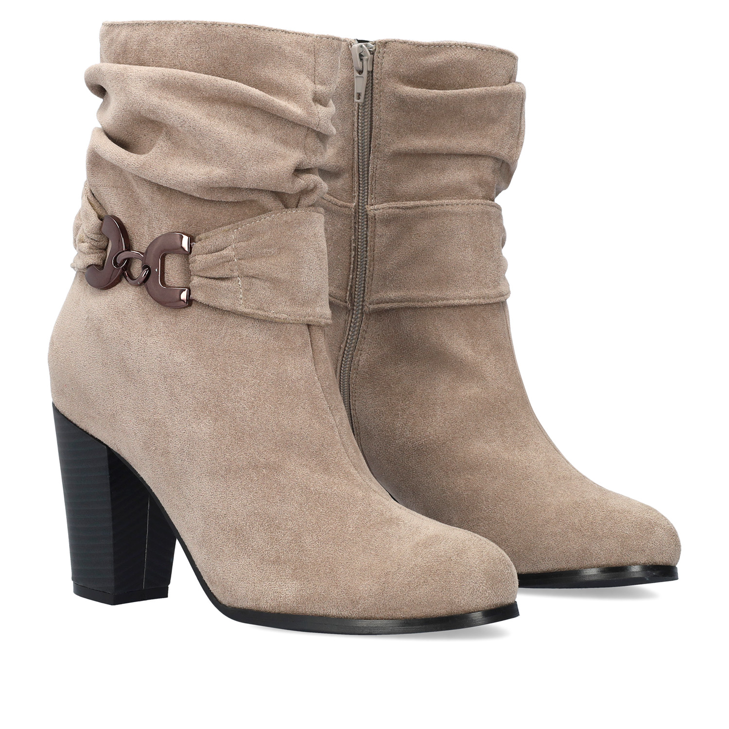 Heeled booties in grey faux suede material