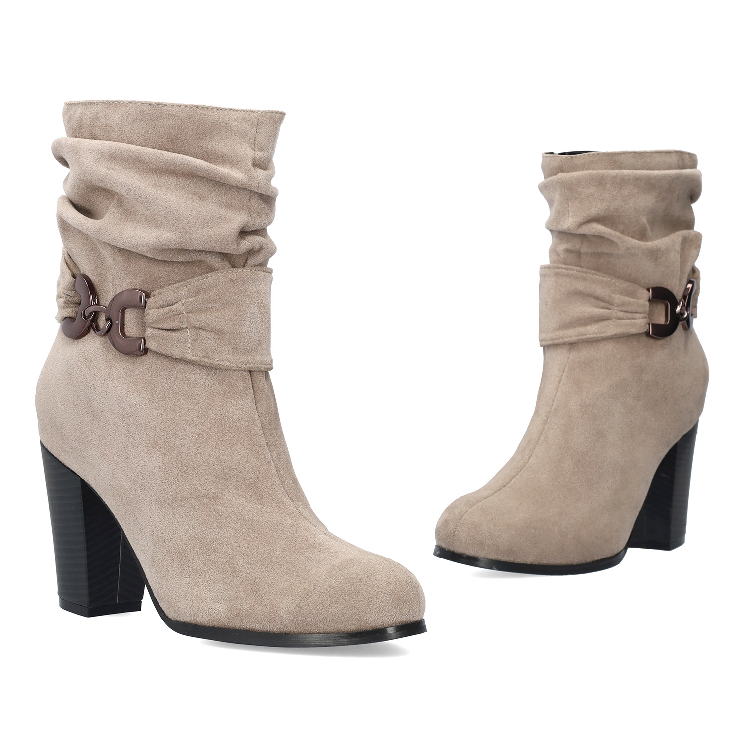 Heeled booties in grey faux suede material 