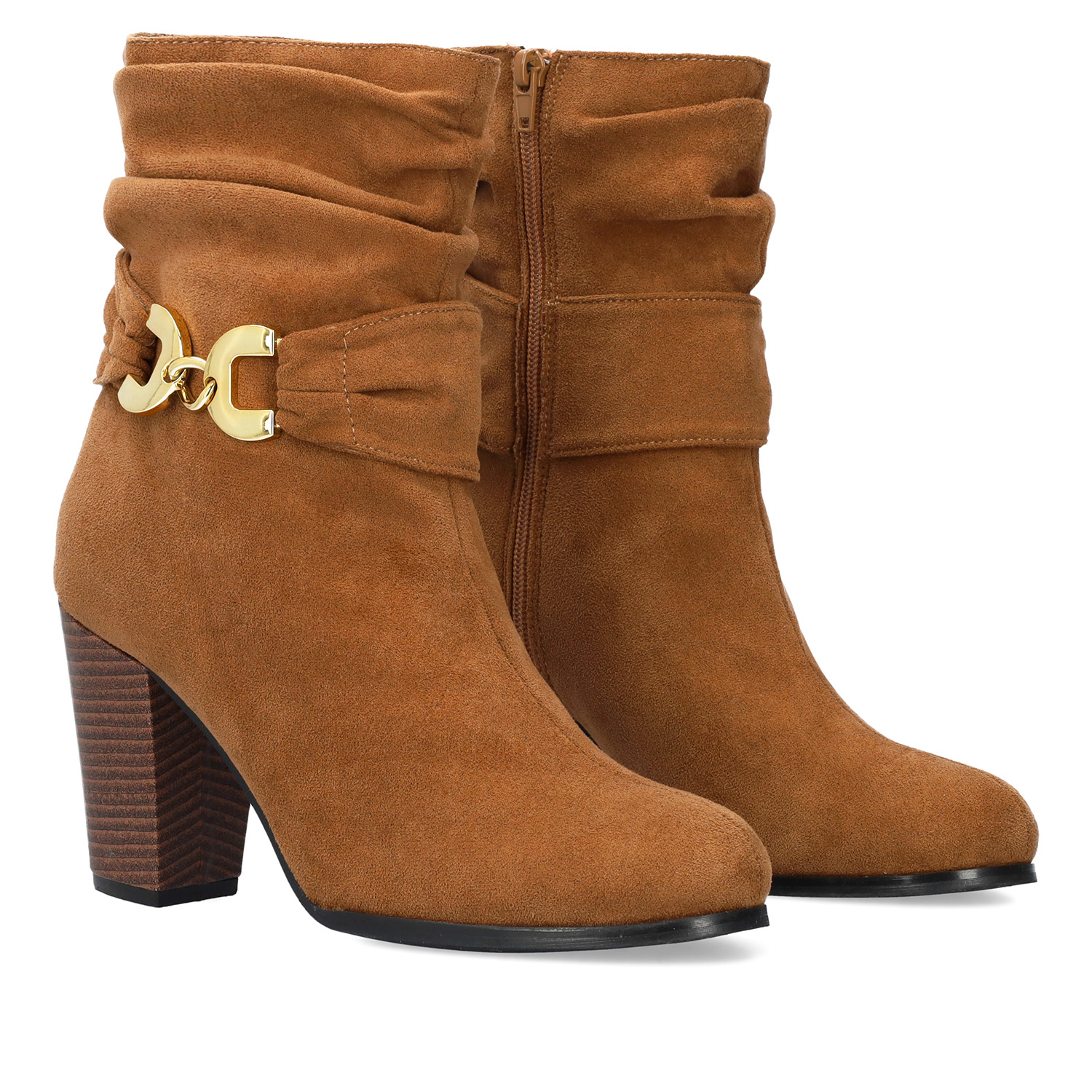 Heeled booties in brown faux suede material