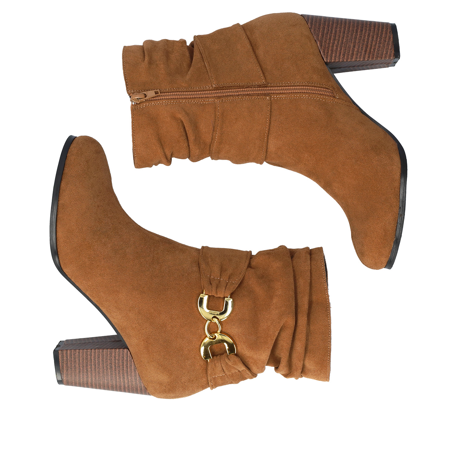 Heeled booties in brown faux suede material 