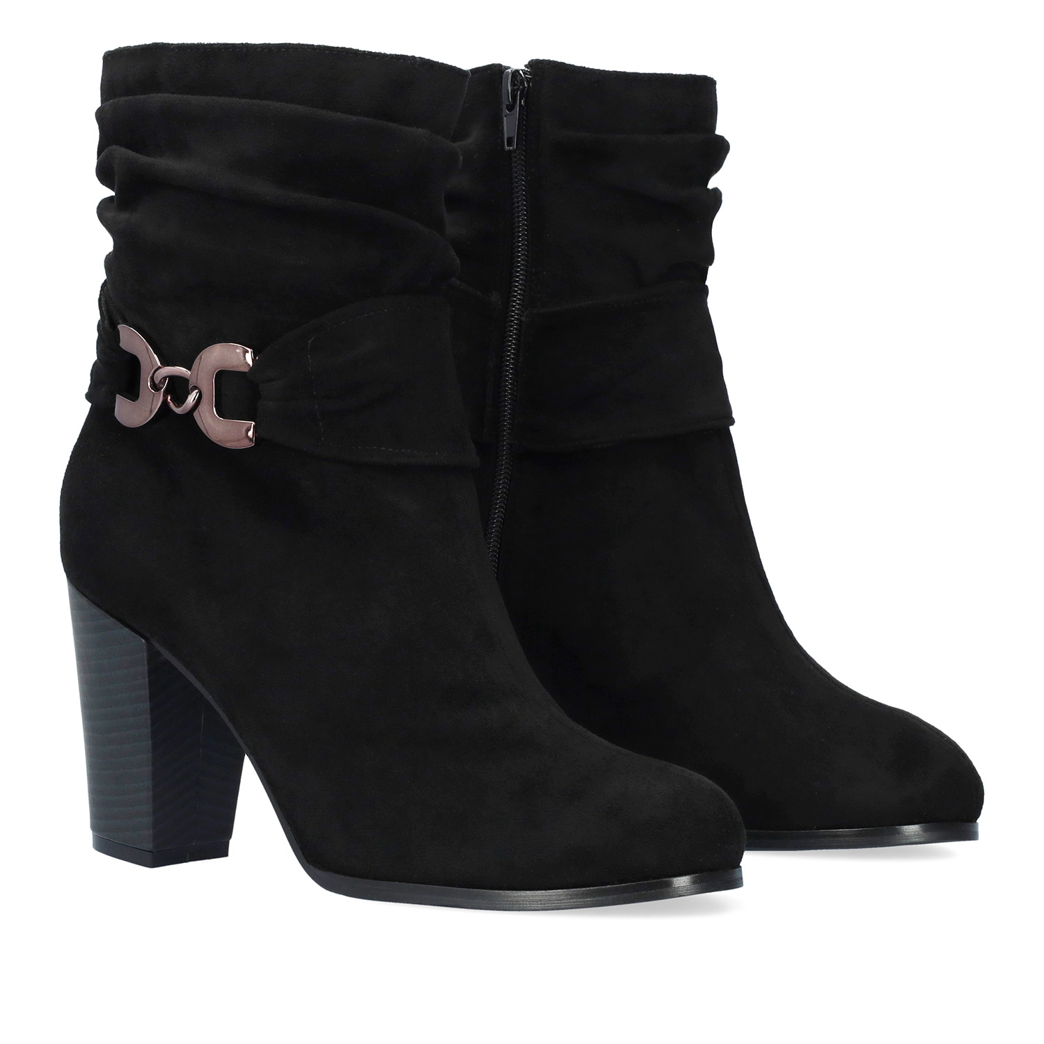 Heeled booties in grey black suede material 