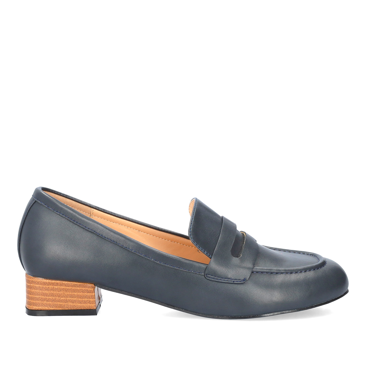 Heeled loafer in soft navy faux leather 