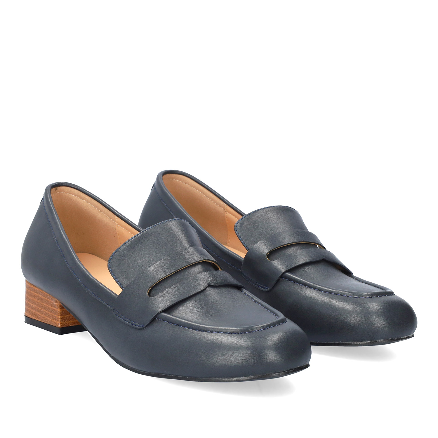 Heeled loafer in soft navy faux leather 