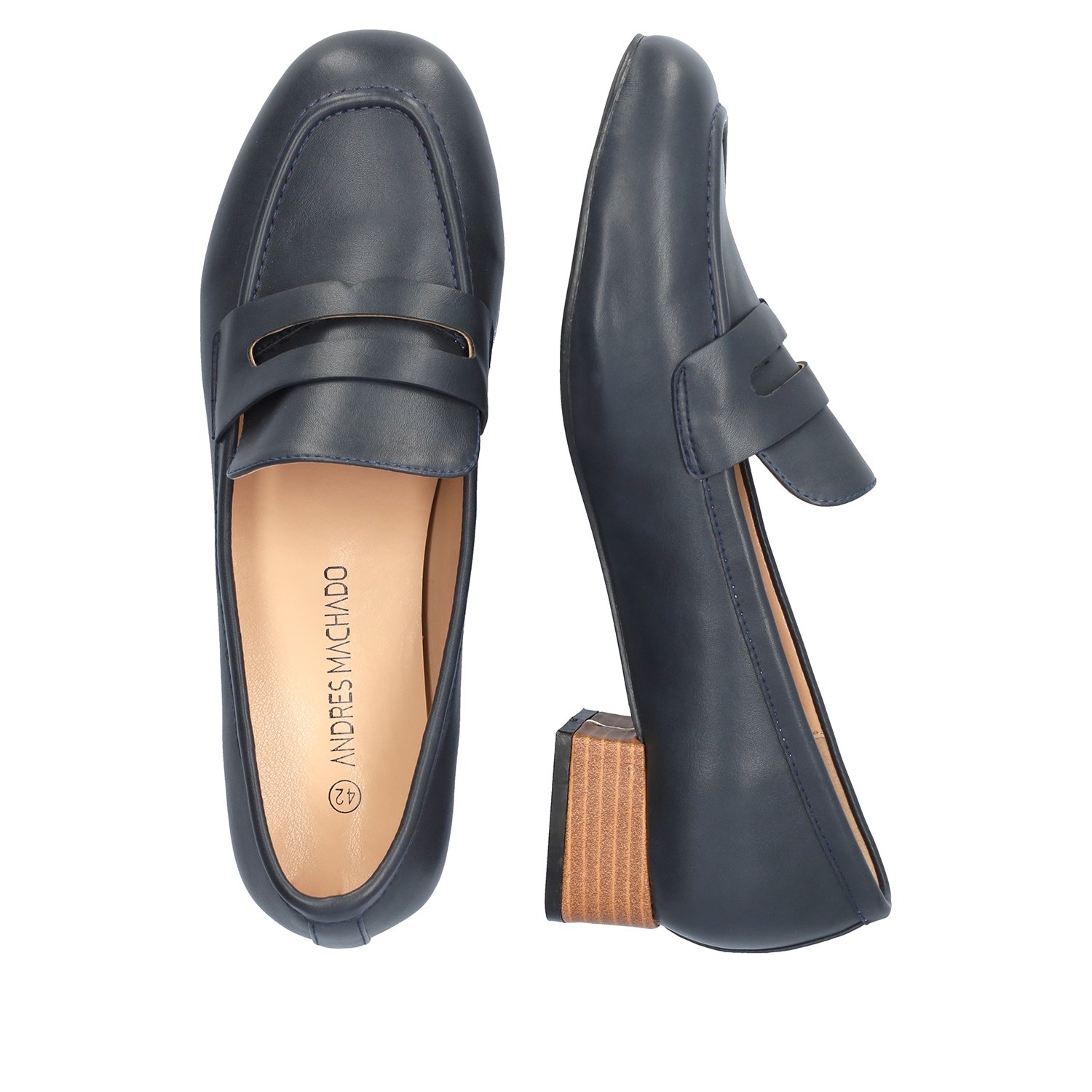 Heeled loafer in soft navy faux leather 