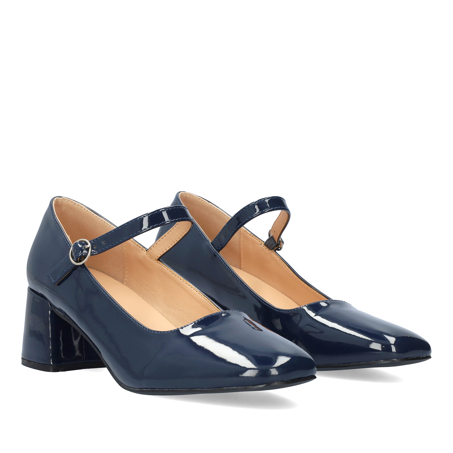 Mary Jane à talon en simili cuir verni bleu marine 