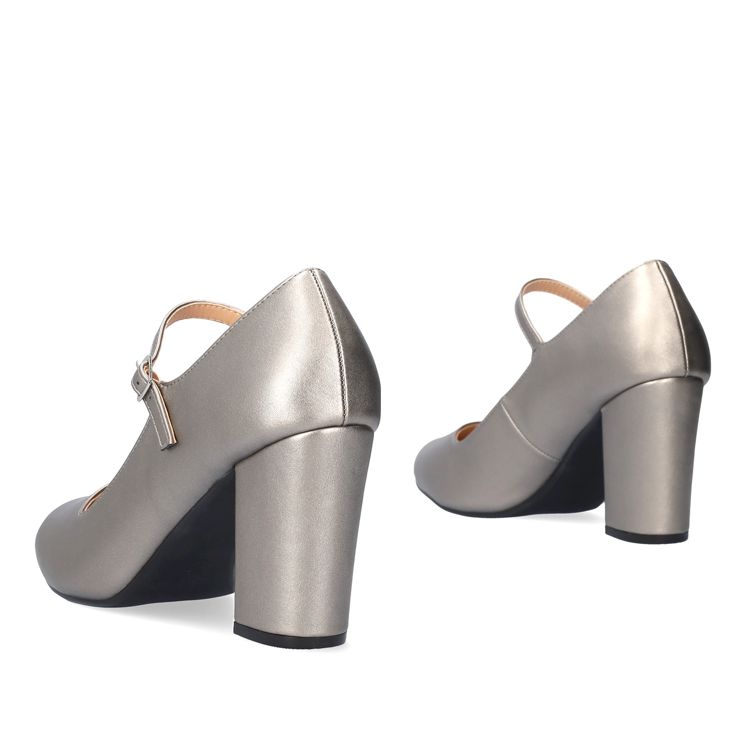 Heeled Mary Jane in old silver coloured soft faux leather 